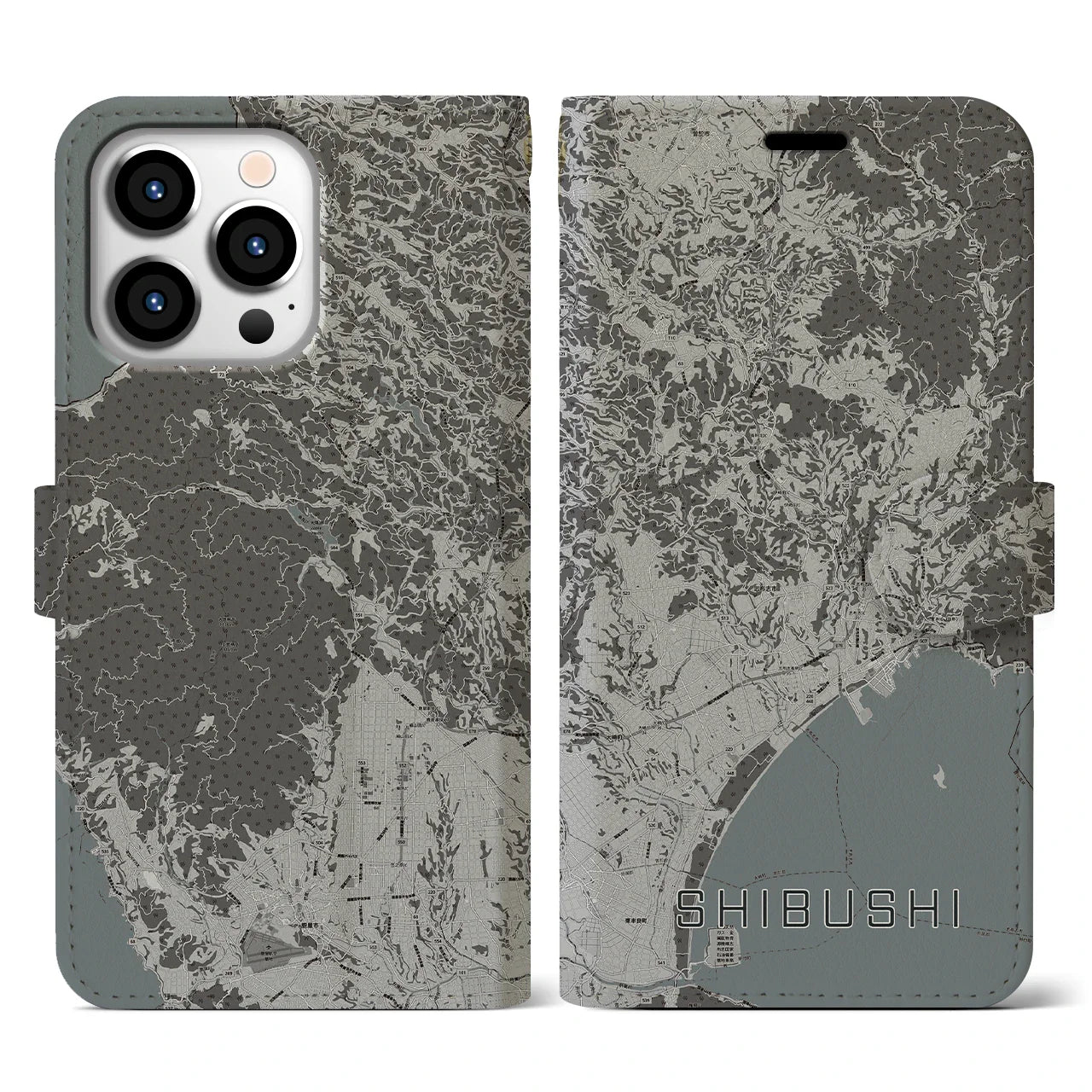 【志布志(鹿児島県)】地図柄iPhoneケース(手帳タイプ)モノトーン・iPhone 13 Pro 用