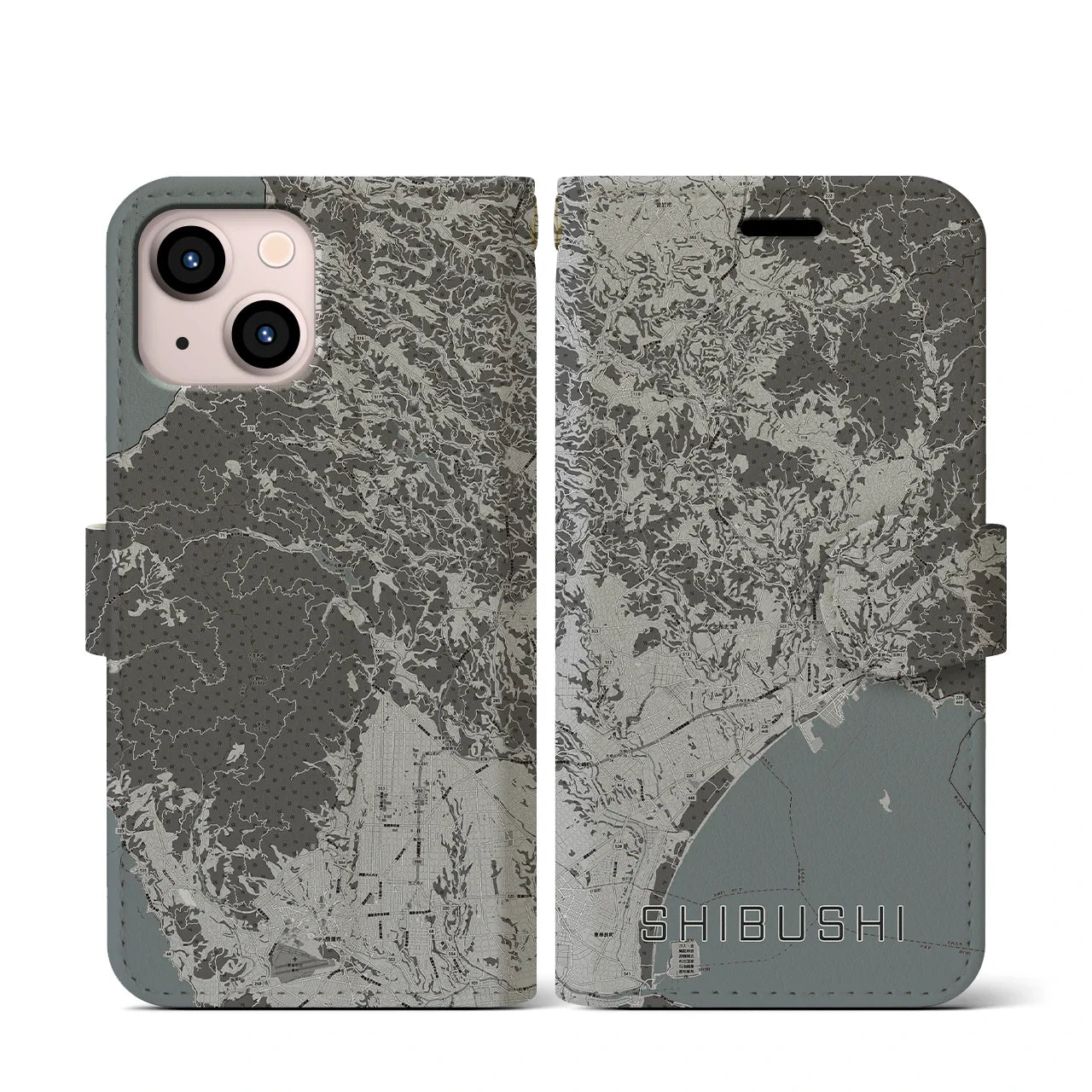 【志布志(鹿児島県)】地図柄iPhoneケース(手帳タイプ)モノトーン・iPhone 13 mini 用