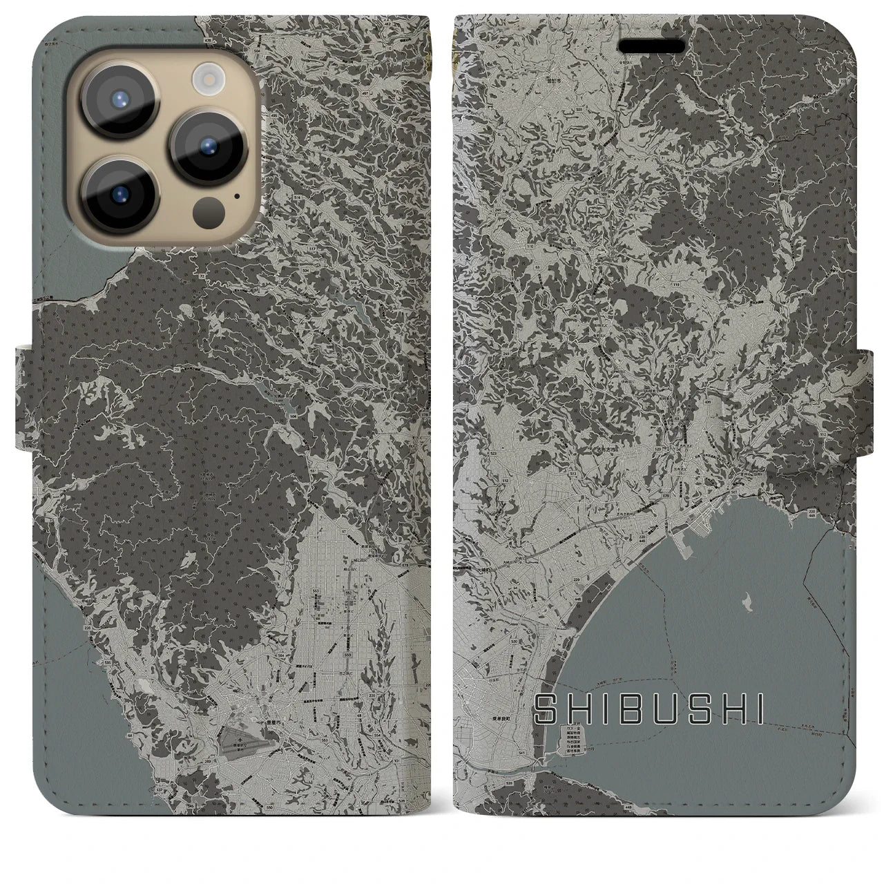 【志布志(鹿児島県)】地図柄iPhoneケース(手帳タイプ)モノトーン・iPhone 14 Pro Max 用