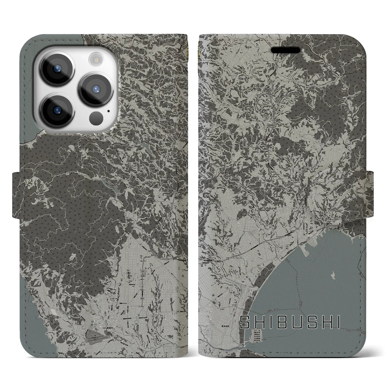 【志布志(鹿児島県)】地図柄iPhoneケース(手帳タイプ)モノトーン・iPhone 14 Pro 用