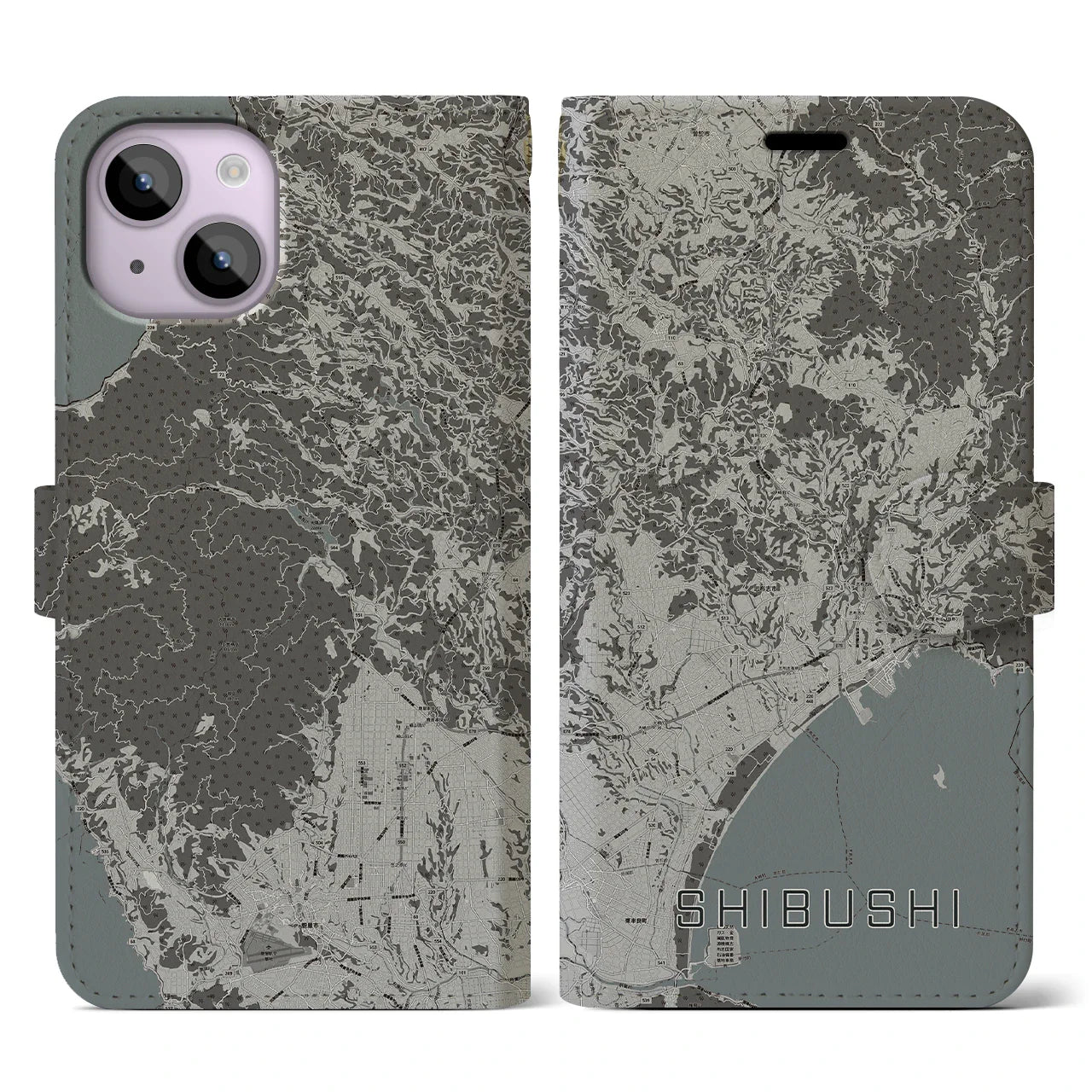 【志布志(鹿児島県)】地図柄iPhoneケース(手帳タイプ)モノトーン・iPhone 14 用