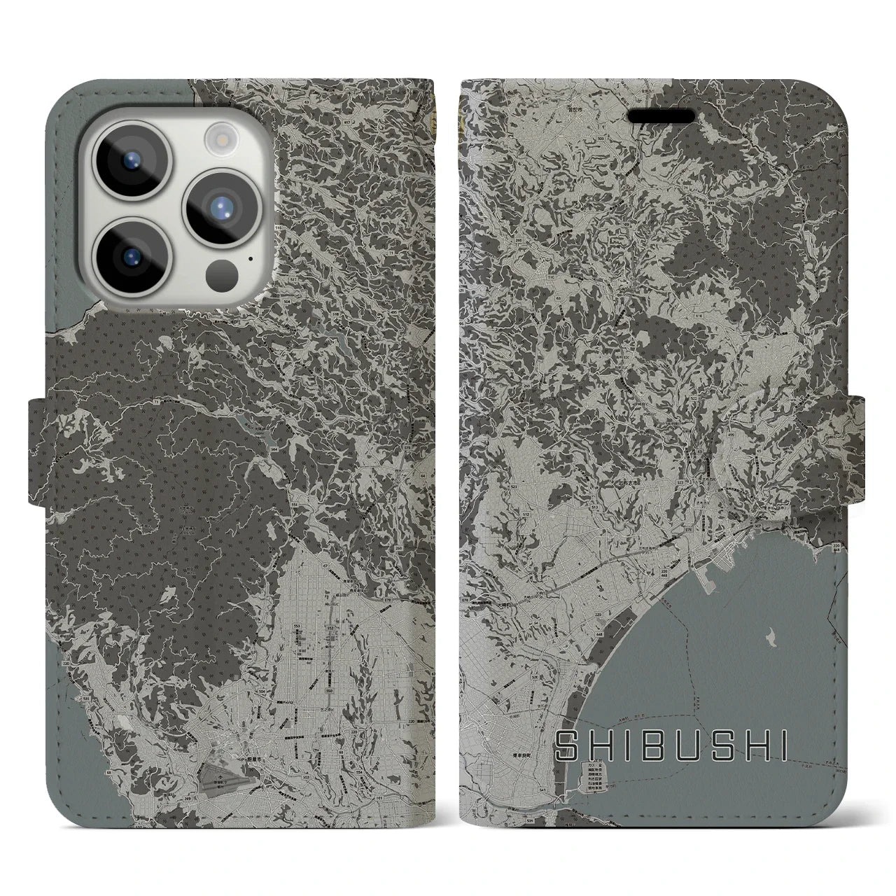 【志布志(鹿児島県)】地図柄iPhoneケース(手帳タイプ)モノトーン・iPhone 15 Pro 用