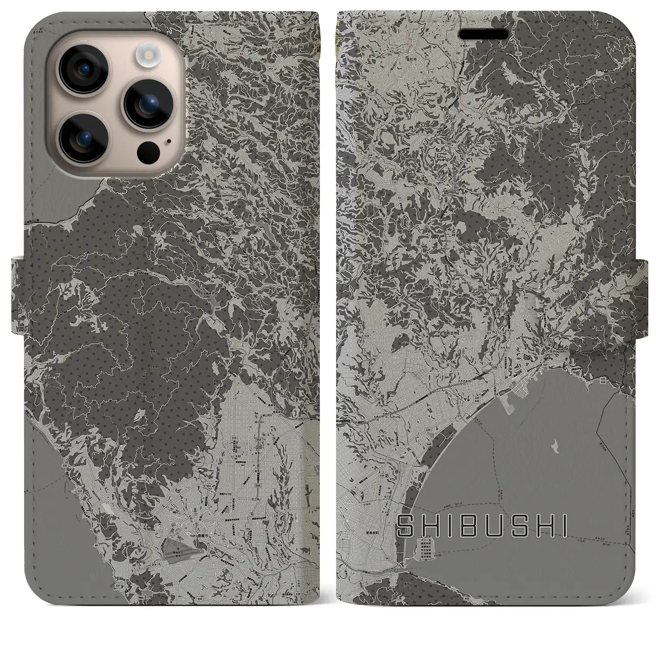 【志布志(鹿児島県)】地図柄iPhoneケース(手帳タイプ)モノトーン・iPhone 16 Plus 用