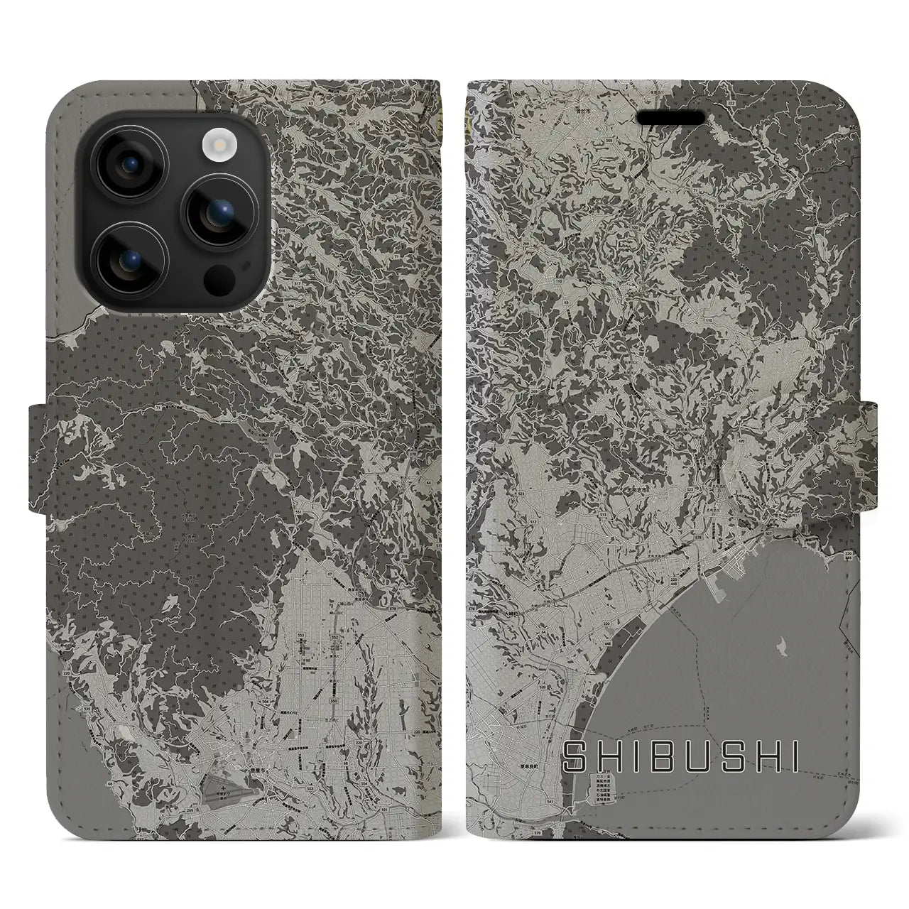 【志布志(鹿児島県)】地図柄iPhoneケース(手帳タイプ)モノトーン・iPhone 16 用