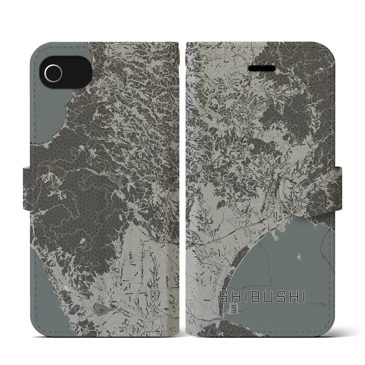 【志布志(鹿児島県)】地図柄iPhoneケース(手帳タイプ)モノトーン・iPhone SE(第3 / 第2世代) / 8 / 7 / 6s / 6 用