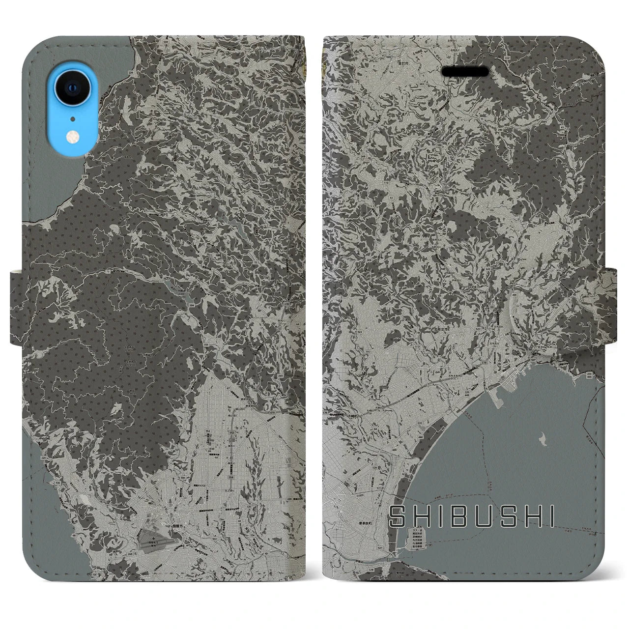【志布志(鹿児島県)】地図柄iPhoneケース(手帳タイプ)モノトーン・iPhone XR 用