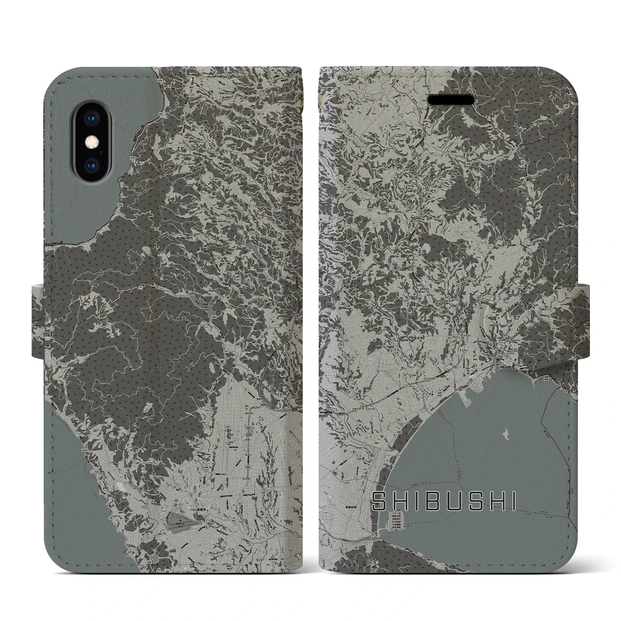 【志布志(鹿児島県)】地図柄iPhoneケース(手帳タイプ)モノトーン・iPhone XS / X 用