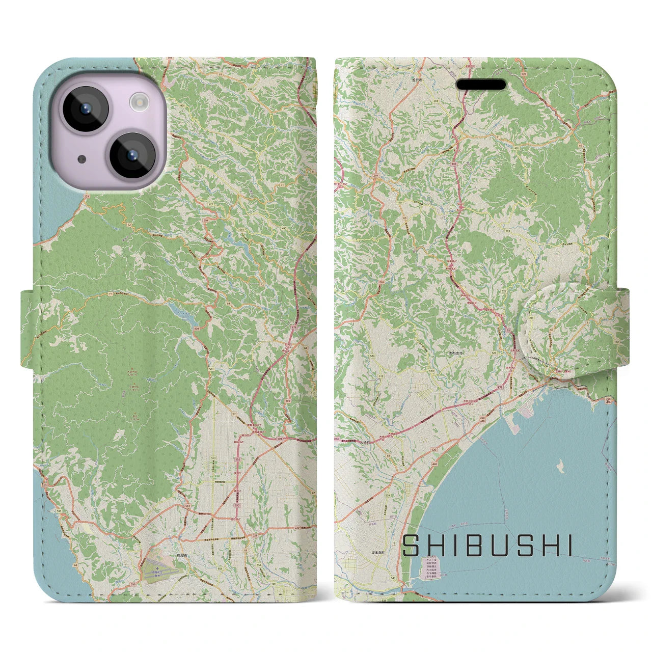 【志布志(鹿児島県)】地図柄iPhoneケース(手帳タイプ)ナチュラル・iPhone 14 用