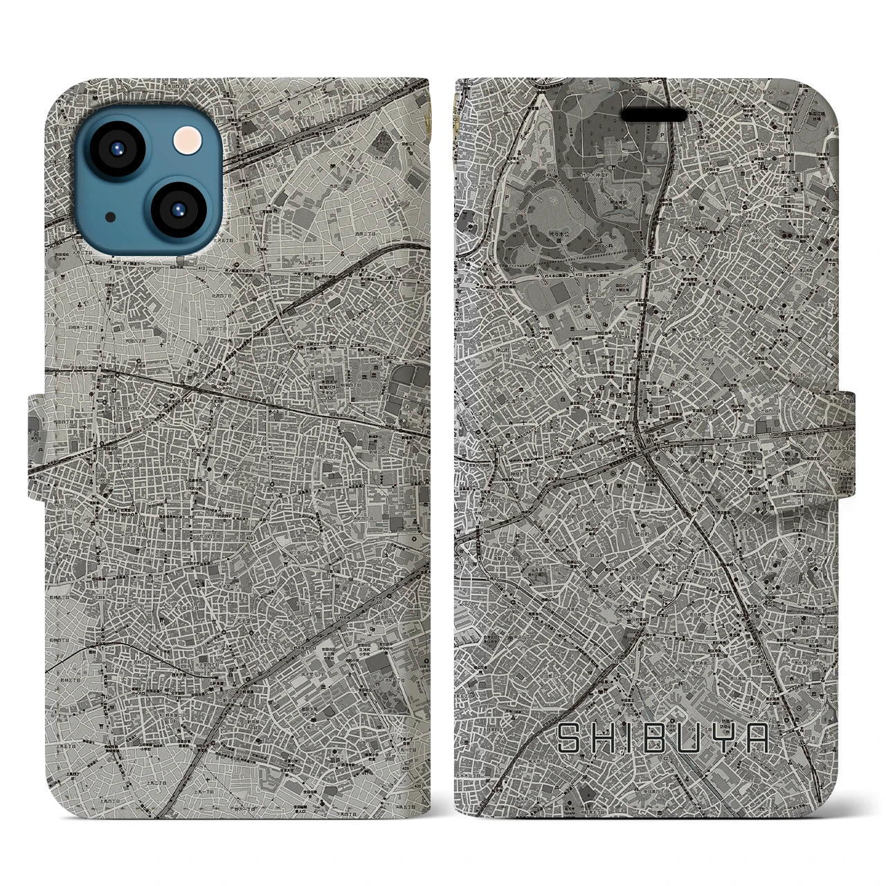 【渋谷(東京都)】地図柄iPhoneケース(手帳タイプ)モノトーン・iPhone 13 用