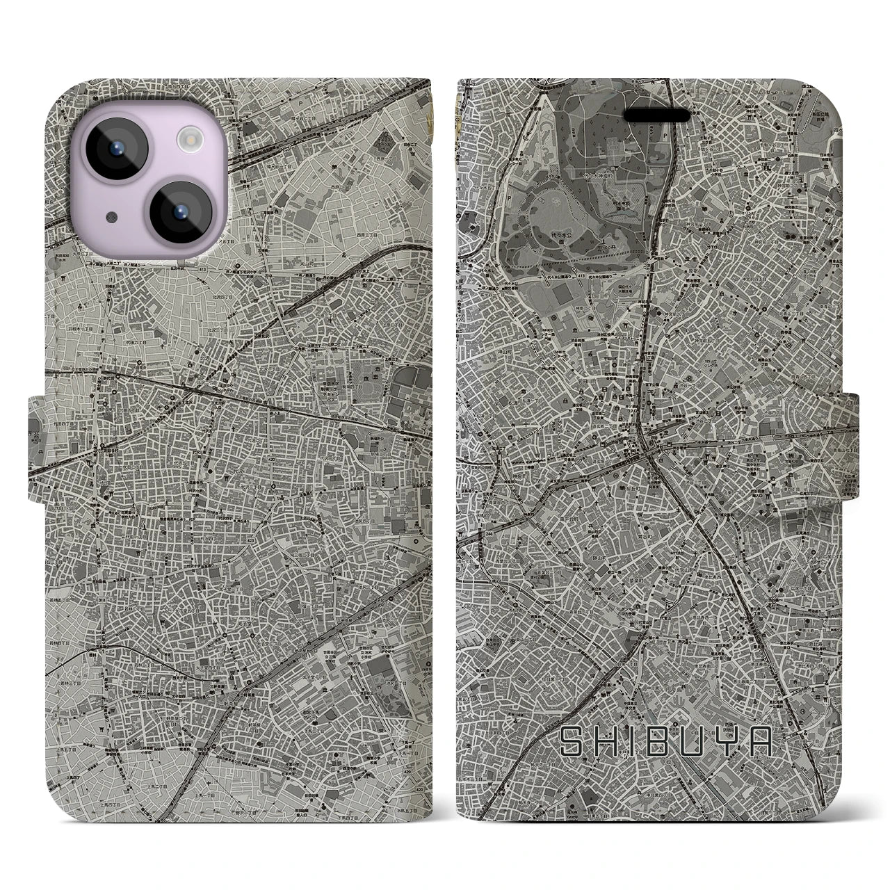 【渋谷(東京都)】地図柄iPhoneケース(手帳タイプ)モノトーン・iPhone 14 用