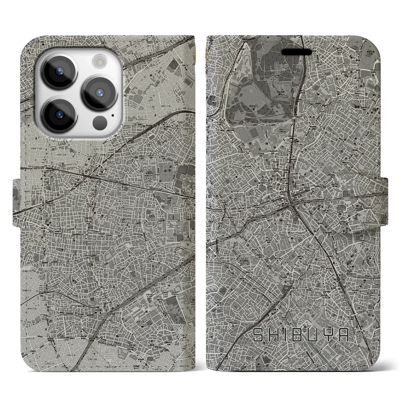【渋谷(東京都)】地図柄iPhoneケース(手帳タイプ)モノトーン・iPhone 14 Pro 用