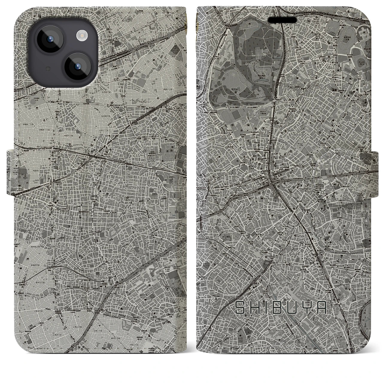 【渋谷(東京都)】地図柄iPhoneケース(手帳タイプ)モノトーン・iPhone 14 Plus 用