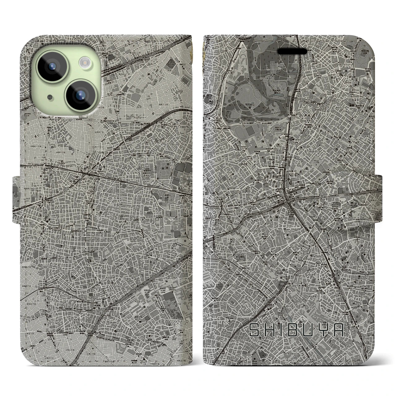 【渋谷(東京都)】地図柄iPhoneケース(手帳タイプ)モノトーン・iPhone 15 用