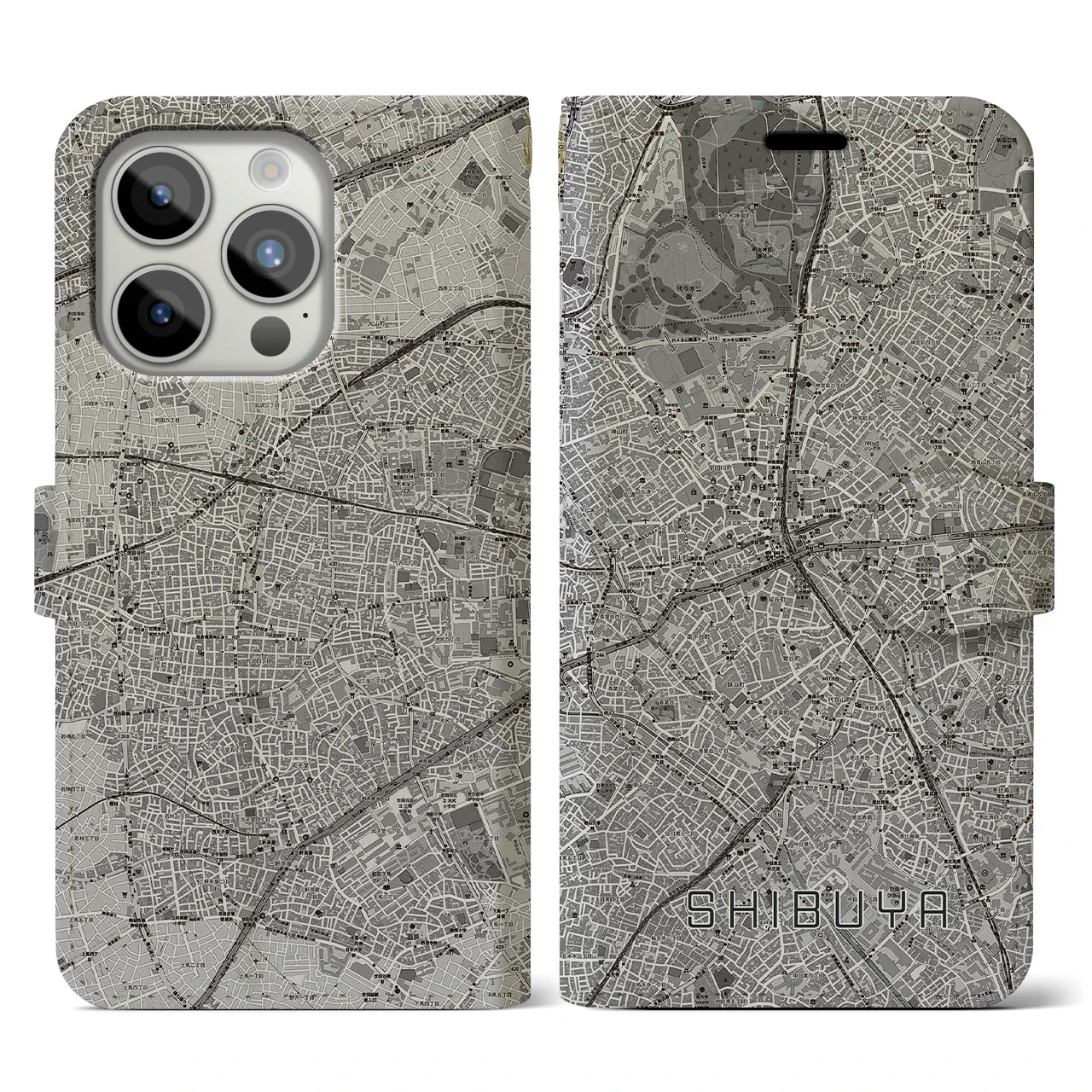 【渋谷(東京都)】地図柄iPhoneケース(手帳タイプ)モノトーン・iPhone 15 Pro 用