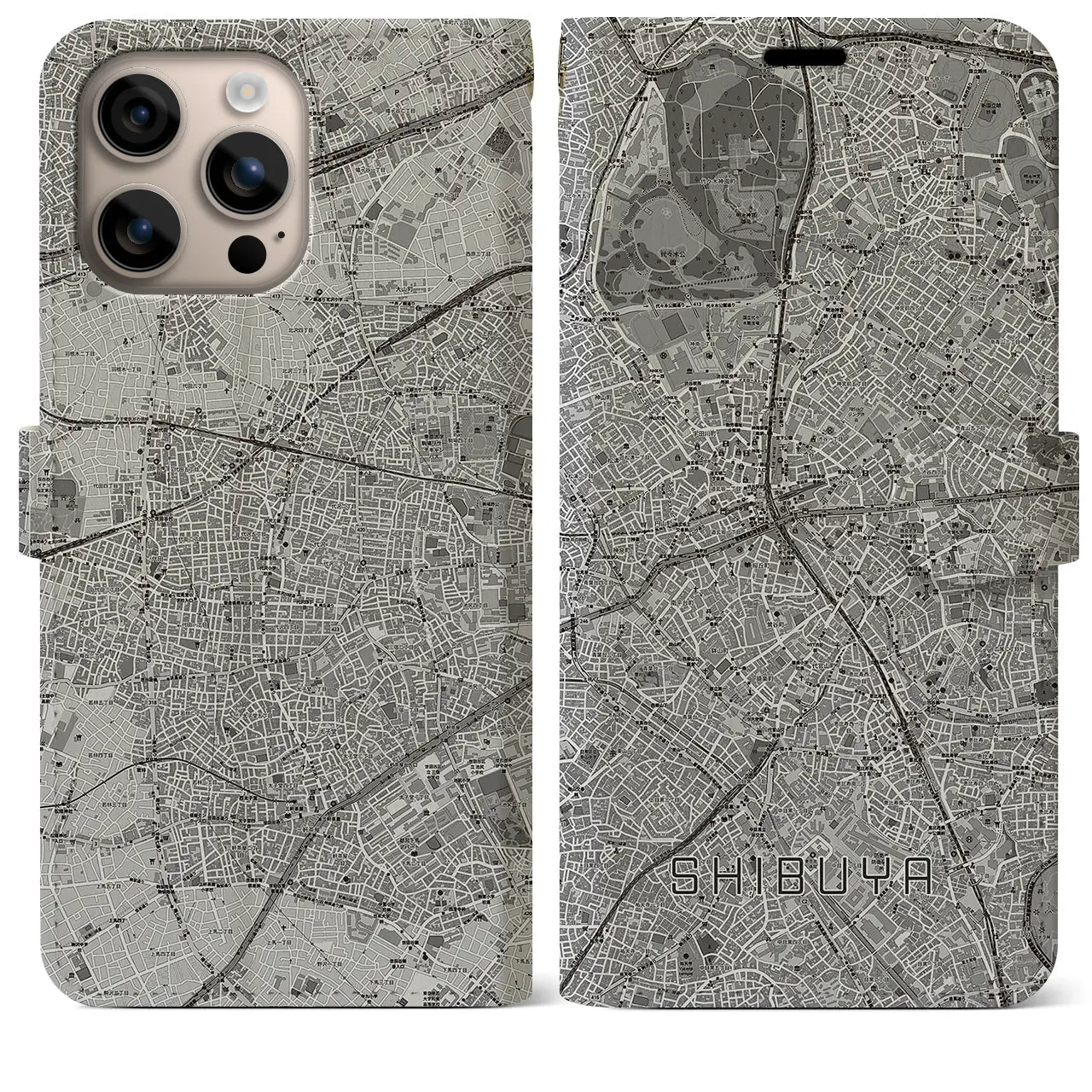 【渋谷(東京都)】地図柄iPhoneケース(手帳タイプ)モノトーン・iPhone 16 Plus 用