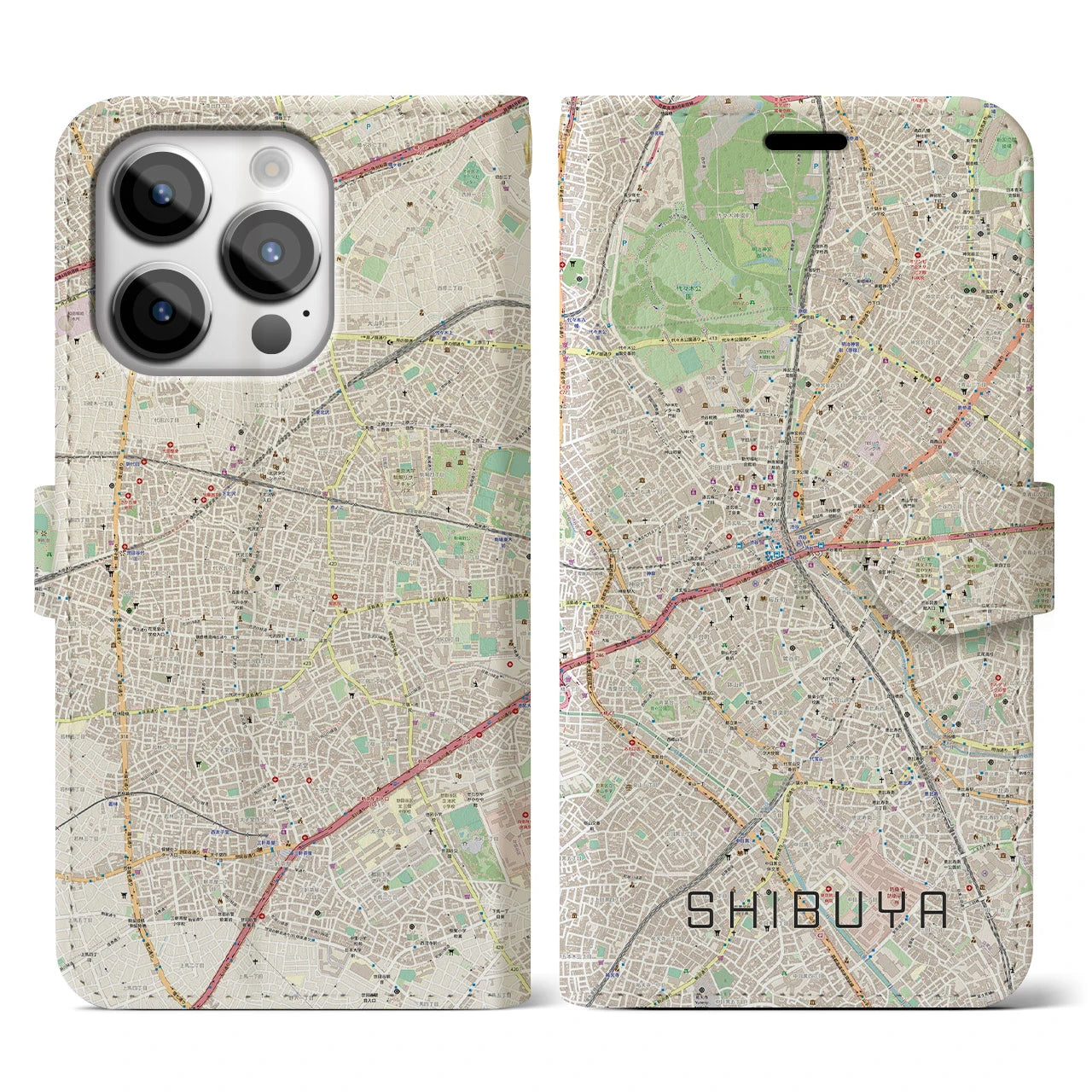 【渋谷(東京都)】地図柄iPhoneケース(手帳タイプ)ナチュラル・iPhone 14 Pro 用