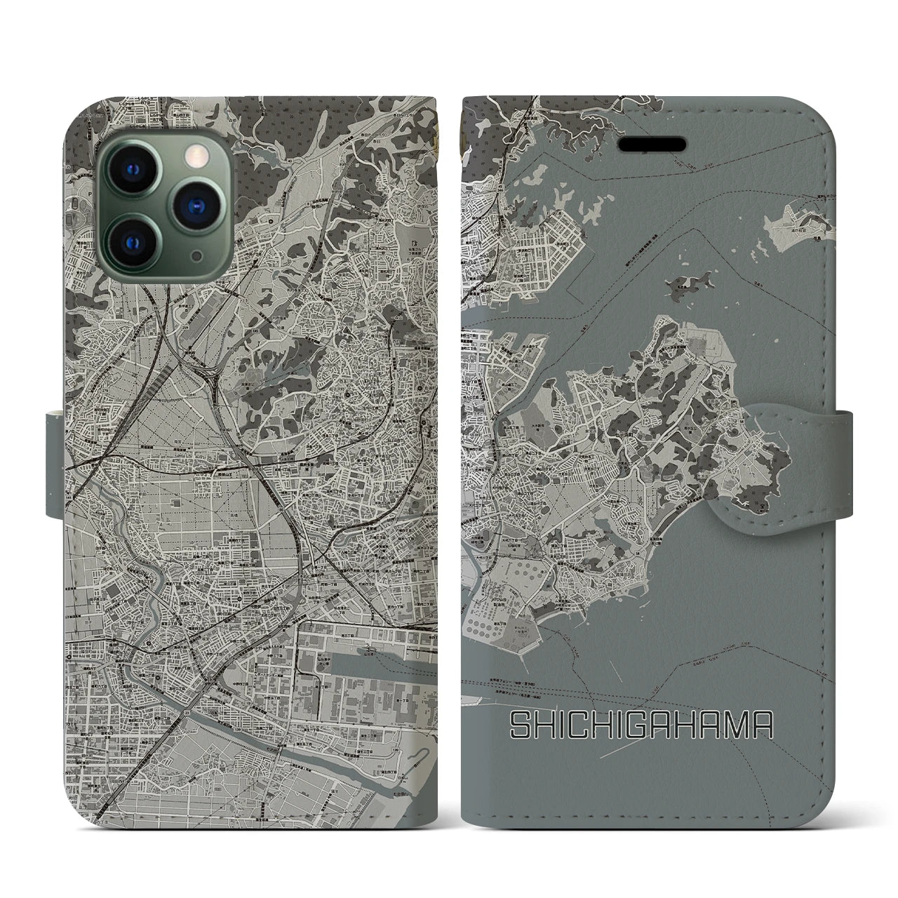 【七ヶ浜(宮城県)】地図柄iPhoneケース(手帳タイプ)モノトーン・iPhone 11 Pro 用