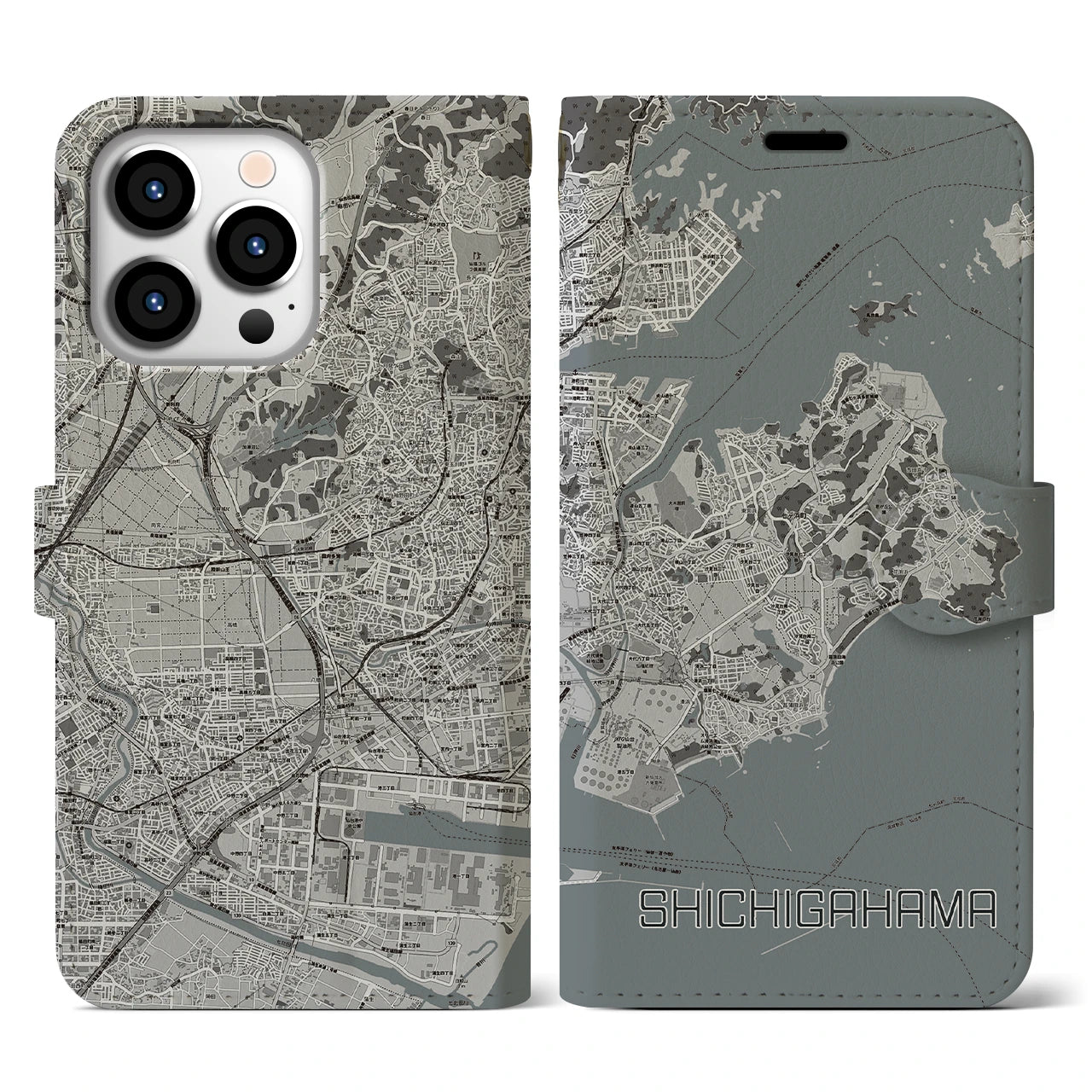 【七ヶ浜(宮城県)】地図柄iPhoneケース(手帳タイプ)モノトーン・iPhone 13 Pro 用