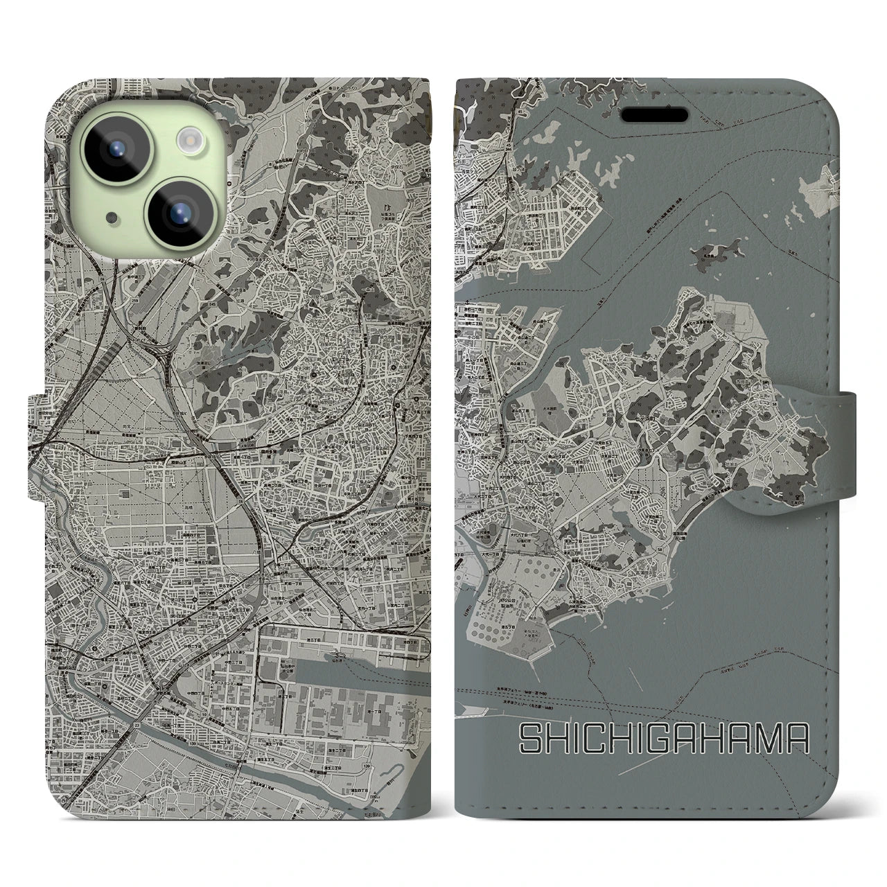 【七ヶ浜(宮城県)】地図柄iPhoneケース(手帳タイプ)モノトーン・iPhone 15 用