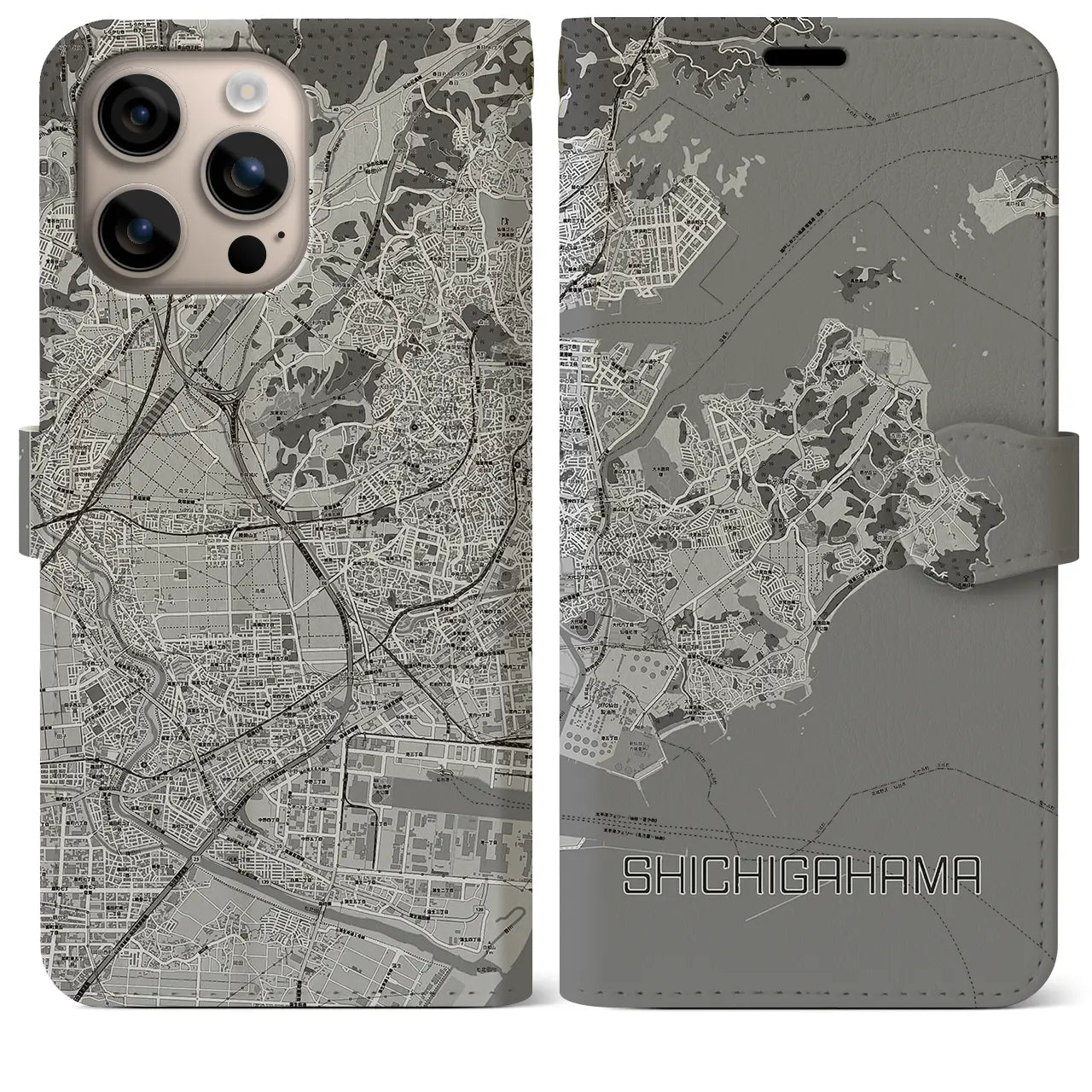 【七ヶ浜(宮城県)】地図柄iPhoneケース(手帳タイプ)モノトーン・iPhone 16 Plus 用