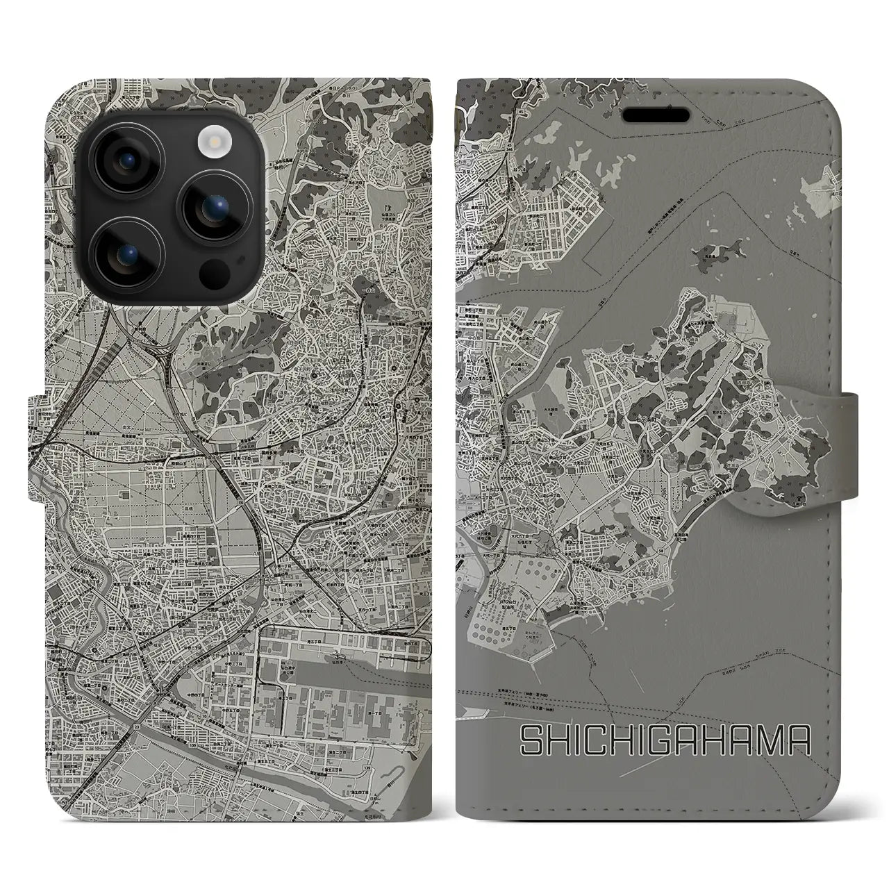 【七ヶ浜(宮城県)】地図柄iPhoneケース(手帳タイプ)モノトーン・iPhone 16 用