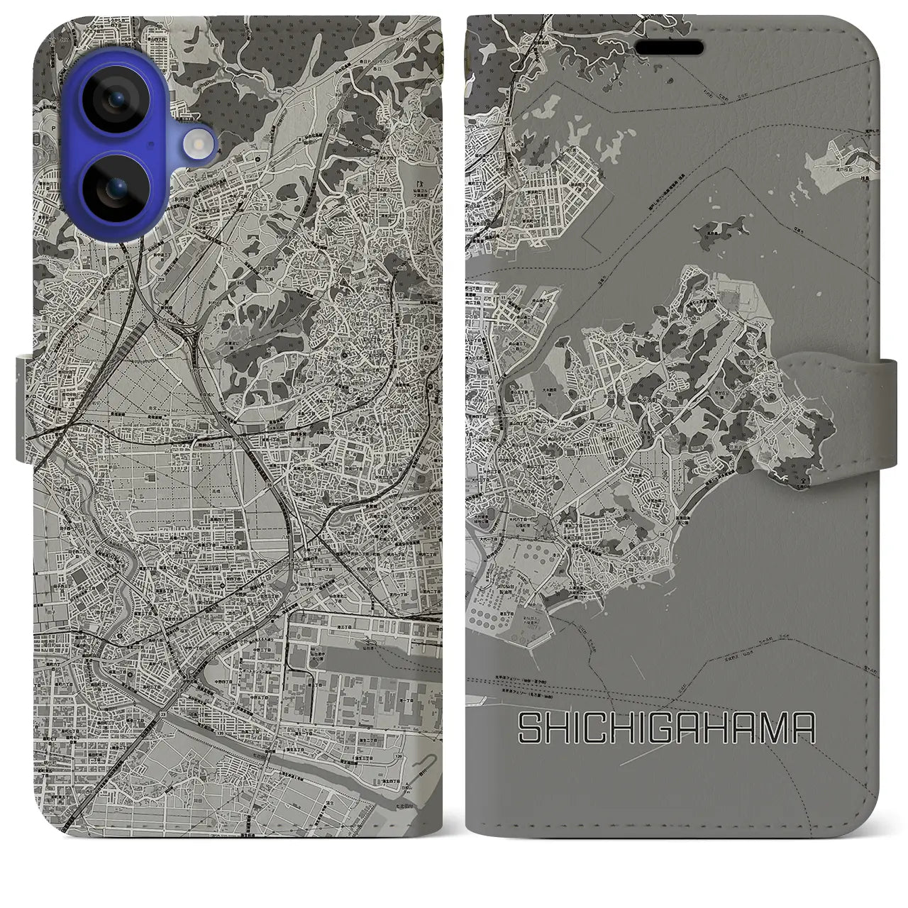 【七ヶ浜(宮城県)】地図柄iPhoneケース(手帳タイプ)モノトーン・iPhone 16 Pro Max 用