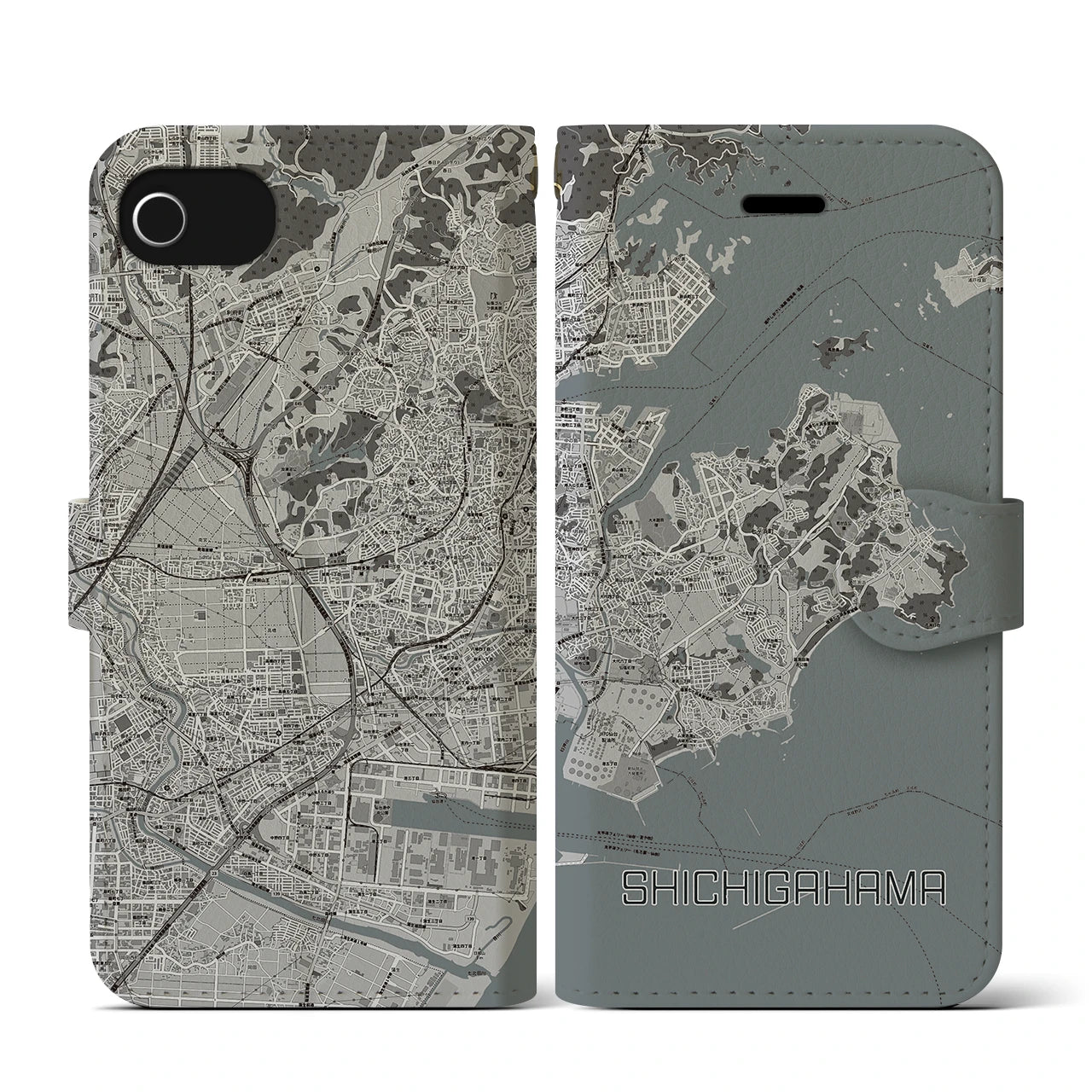 【七ヶ浜(宮城県)】地図柄iPhoneケース(手帳タイプ)モノトーン・iPhone SE(第3 / 第2世代) / 8 / 7 / 6s / 6 用