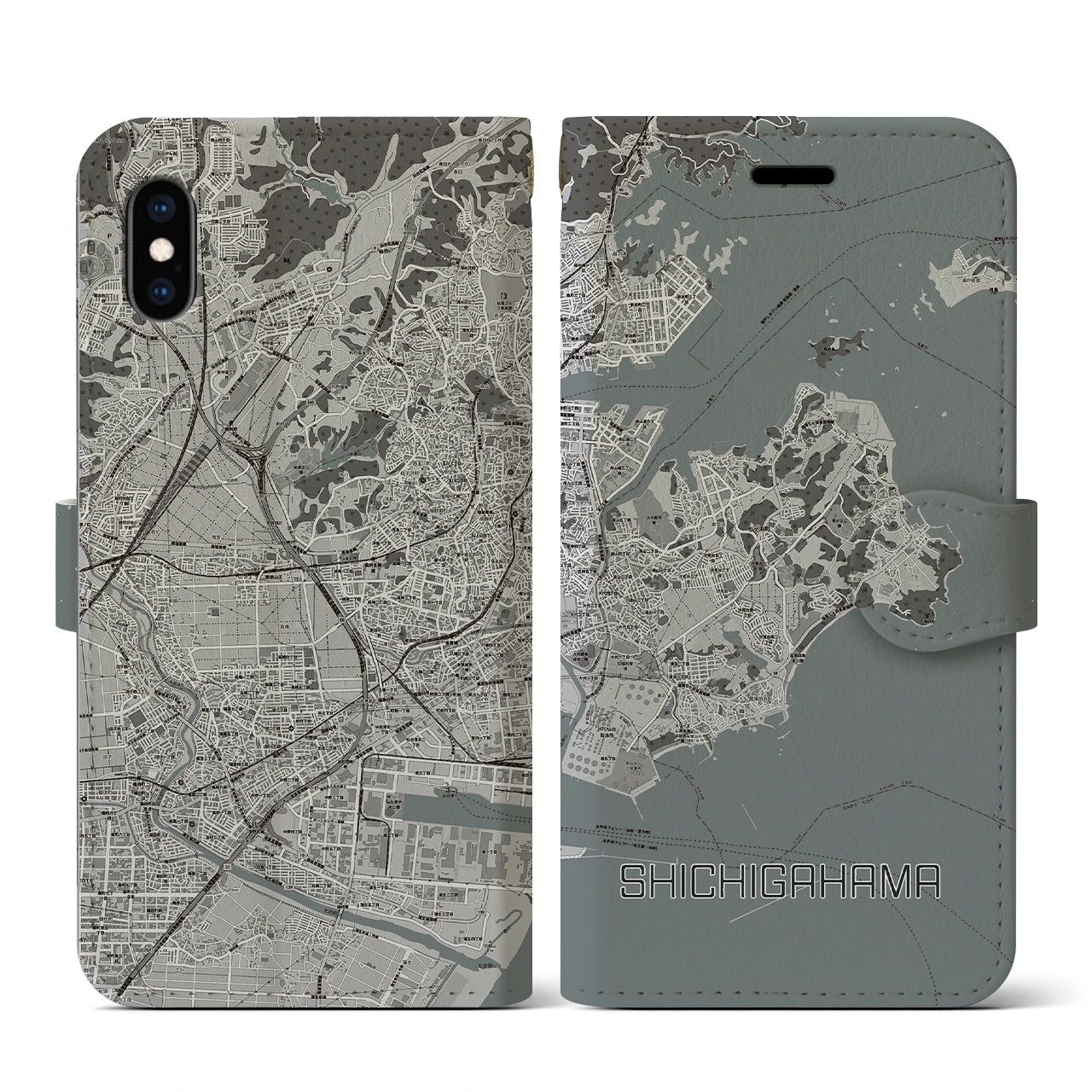 【七ヶ浜(宮城県)】地図柄iPhoneケース(手帳タイプ)モノトーン・iPhone XS / X 用