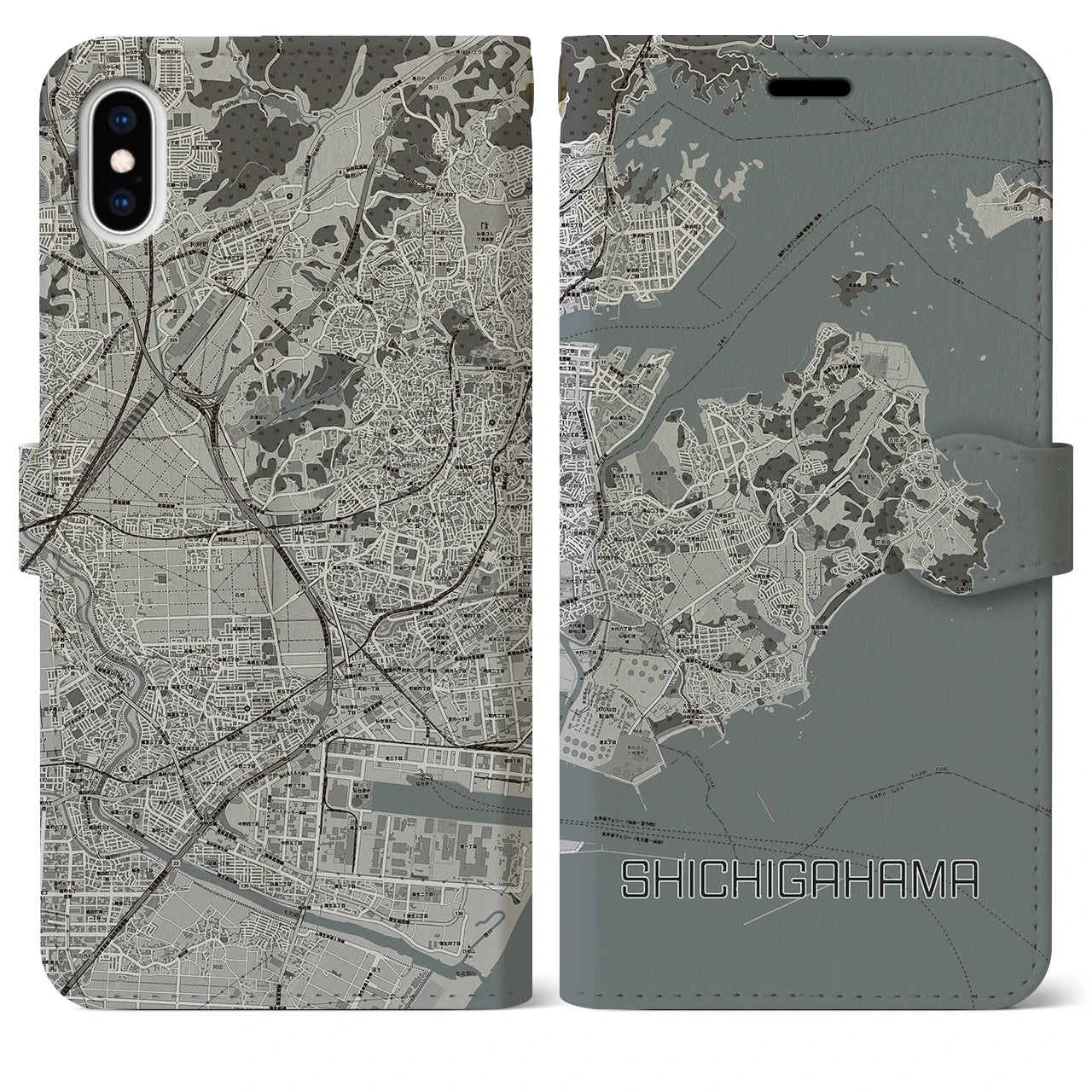 【七ヶ浜(宮城県)】地図柄iPhoneケース(手帳タイプ)モノトーン・iPhone XS Max 用