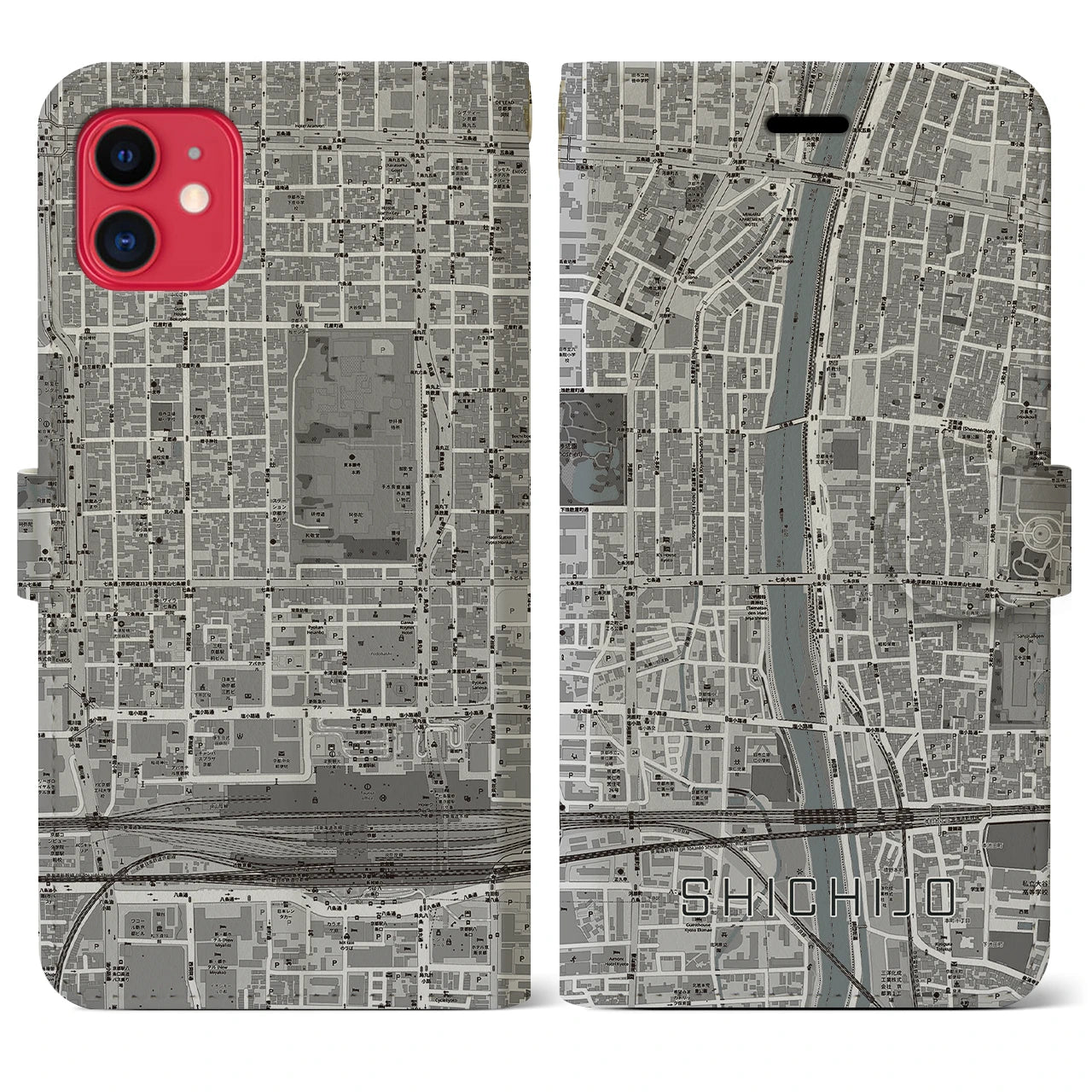 【七条(京都府)】地図柄iPhoneケース(手帳タイプ)モノトーン・iPhone 11 用