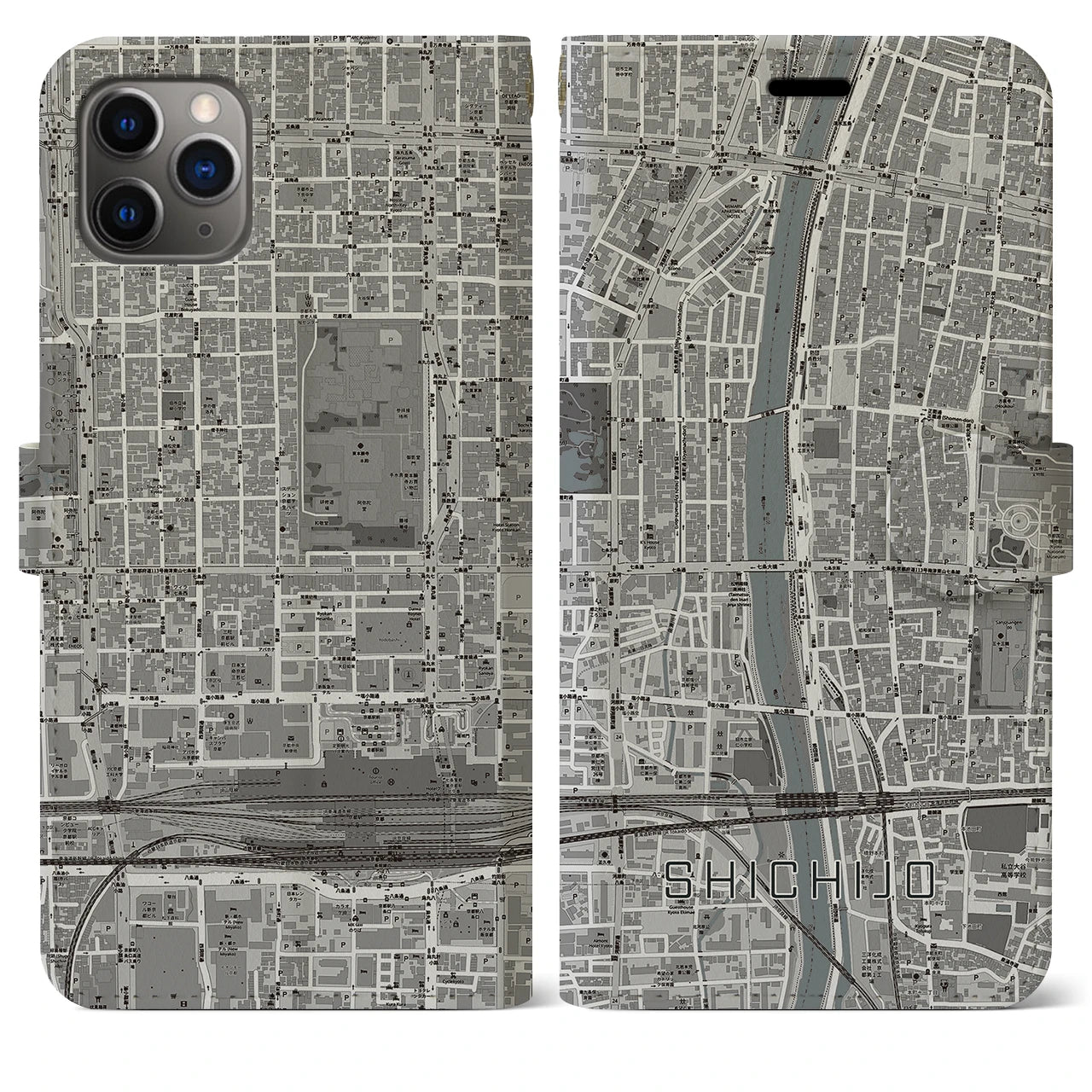 【七条(京都府)】地図柄iPhoneケース(手帳タイプ)モノトーン・iPhone 11 Pro Max 用