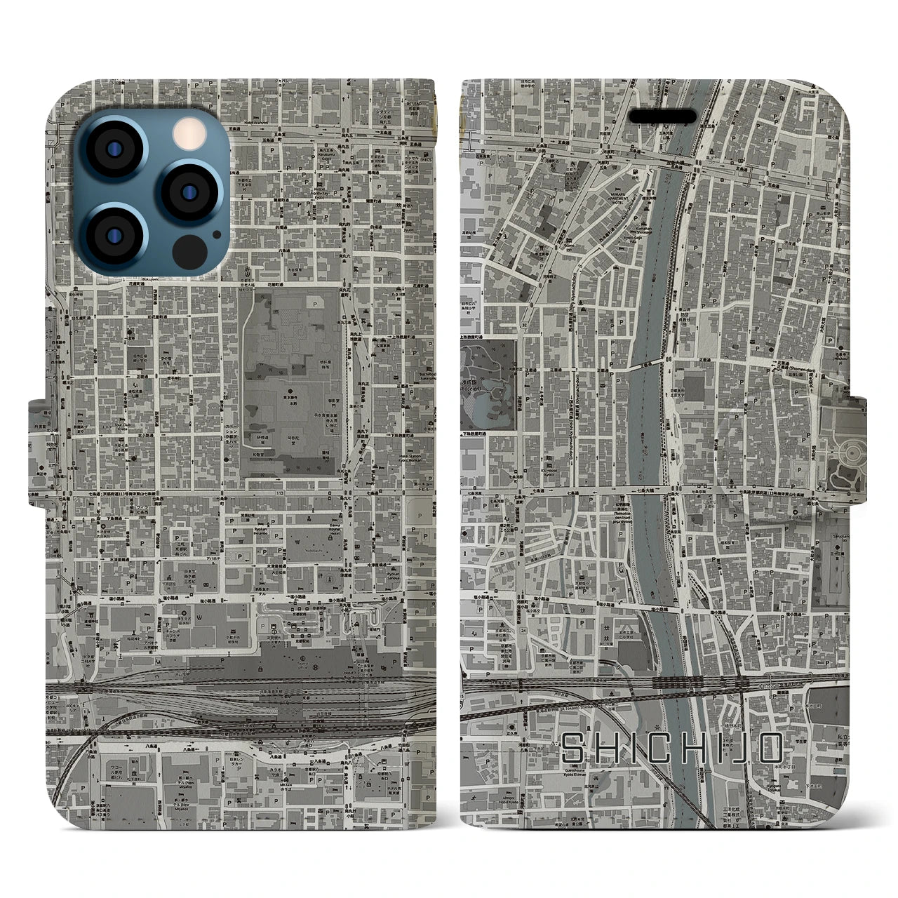 【七条(京都府)】地図柄iPhoneケース(手帳タイプ)モノトーン・iPhone 12 / 12 Pro 用