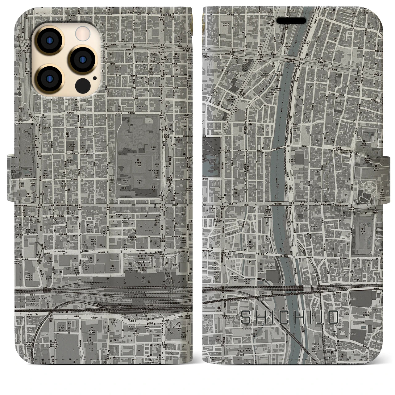 【七条(京都府)】地図柄iPhoneケース(手帳タイプ)モノトーン・iPhone 12 Pro Max 用