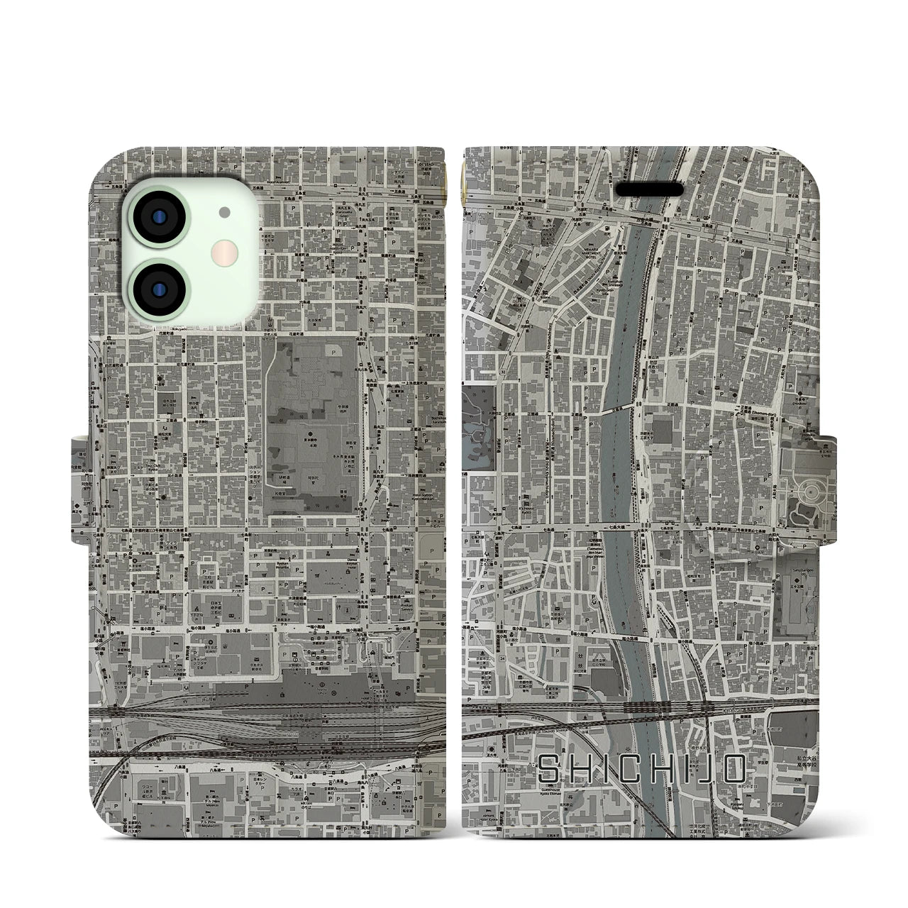 【七条(京都府)】地図柄iPhoneケース(手帳タイプ)モノトーン・iPhone 12 mini 用