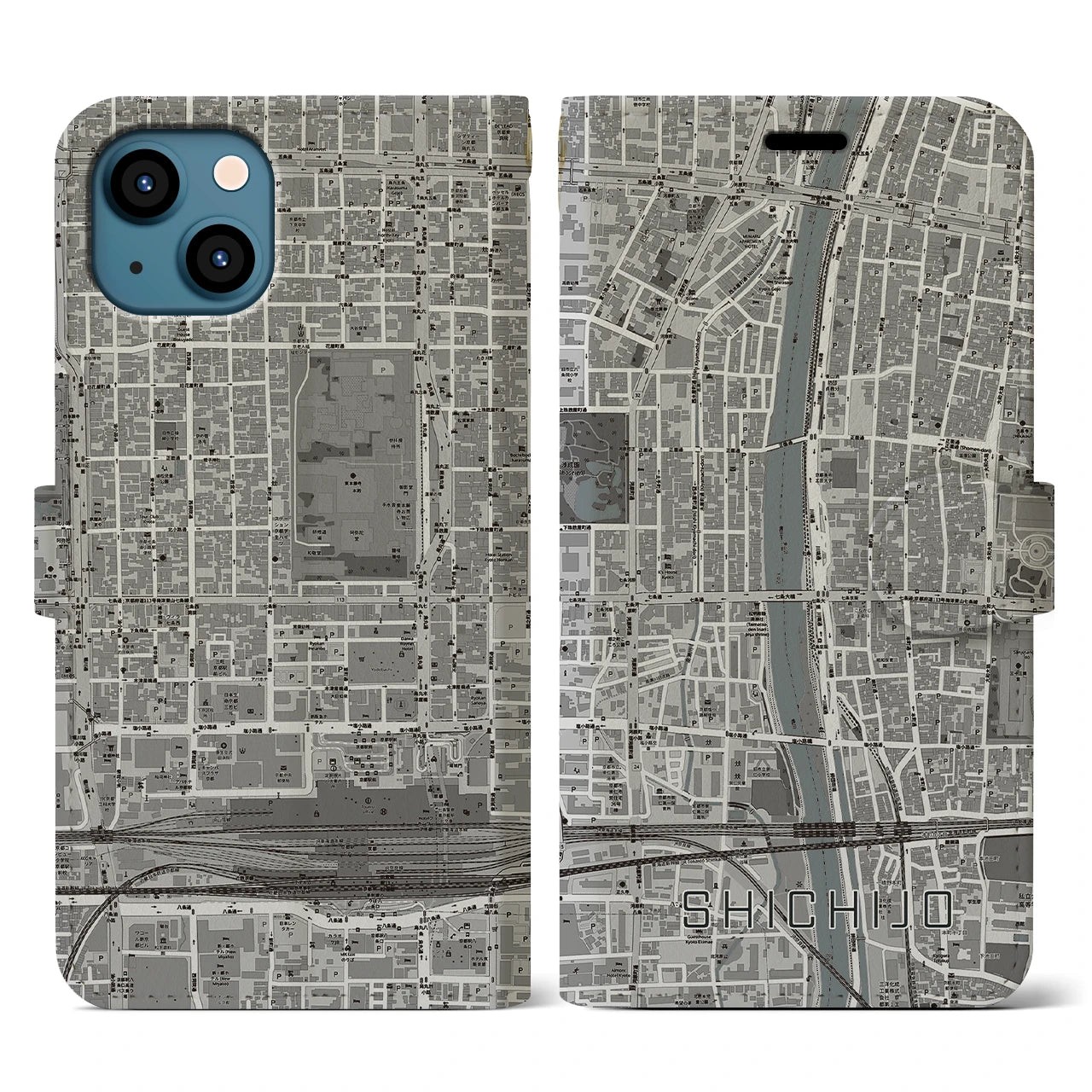 【七条(京都府)】地図柄iPhoneケース(手帳タイプ)モノトーン・iPhone 13 用