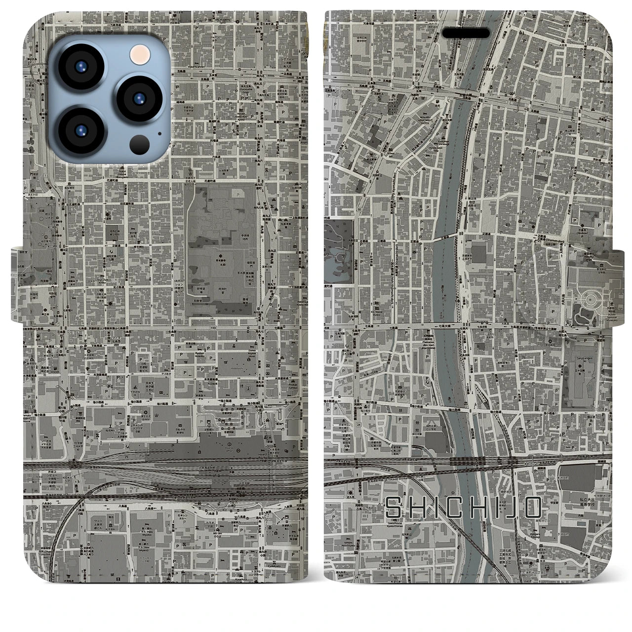 【七条(京都府)】地図柄iPhoneケース(手帳タイプ)モノトーン・iPhone 13 Pro Max 用
