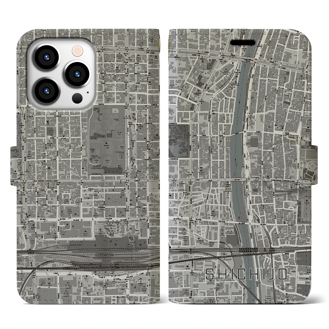 【七条(京都府)】地図柄iPhoneケース(手帳タイプ)モノトーン・iPhone 13 Pro 用