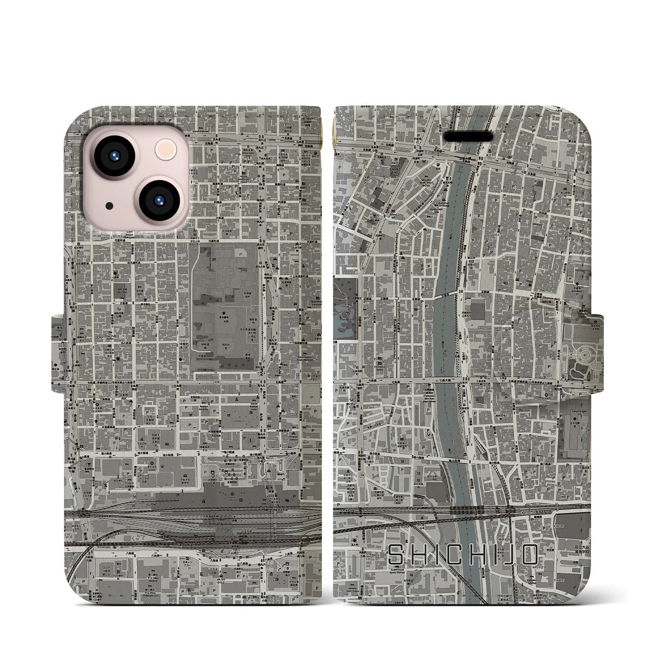 【七条(京都府)】地図柄iPhoneケース(手帳タイプ)モノトーン・iPhone 13 mini 用