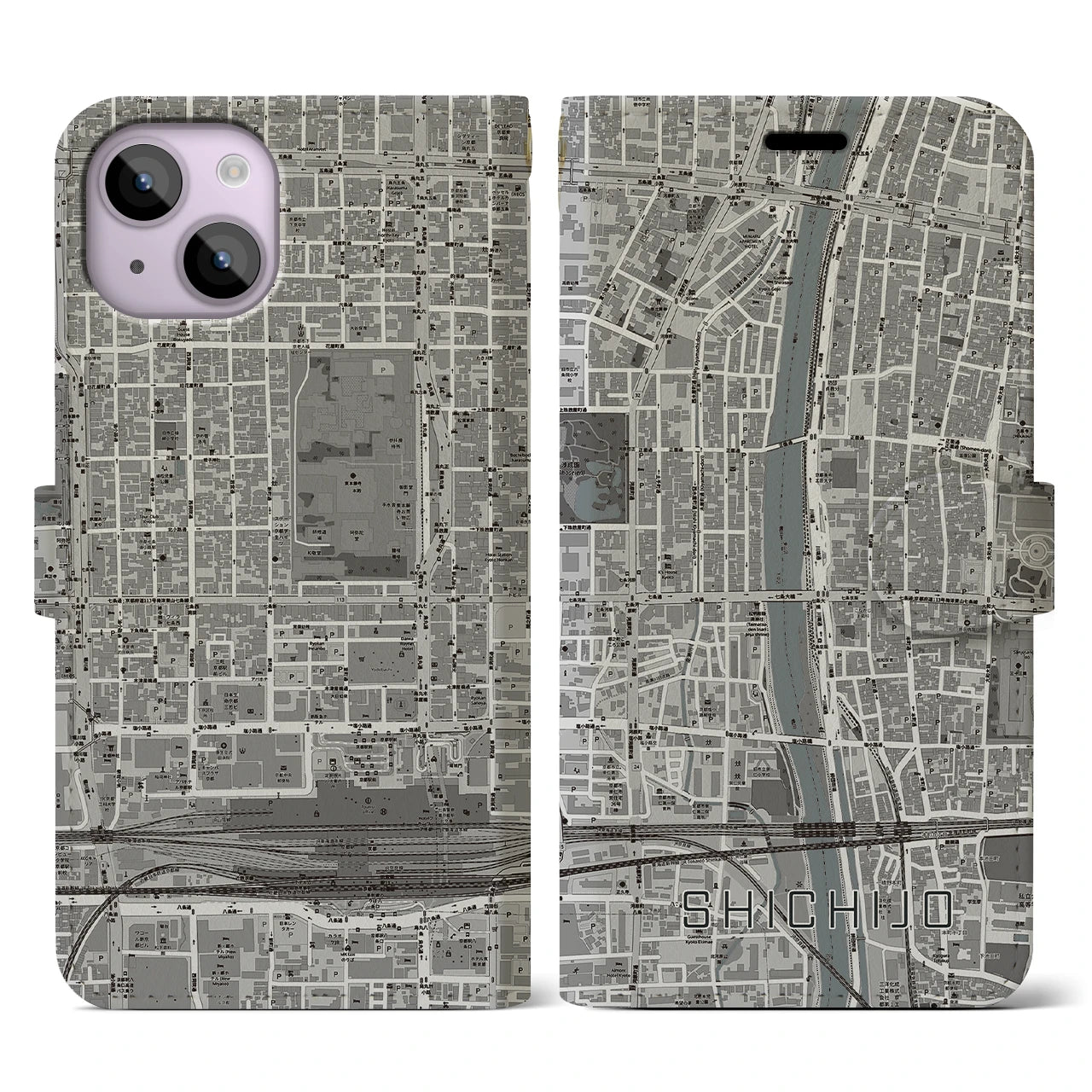 【七条(京都府)】地図柄iPhoneケース(手帳タイプ)モノトーン・iPhone 14 用