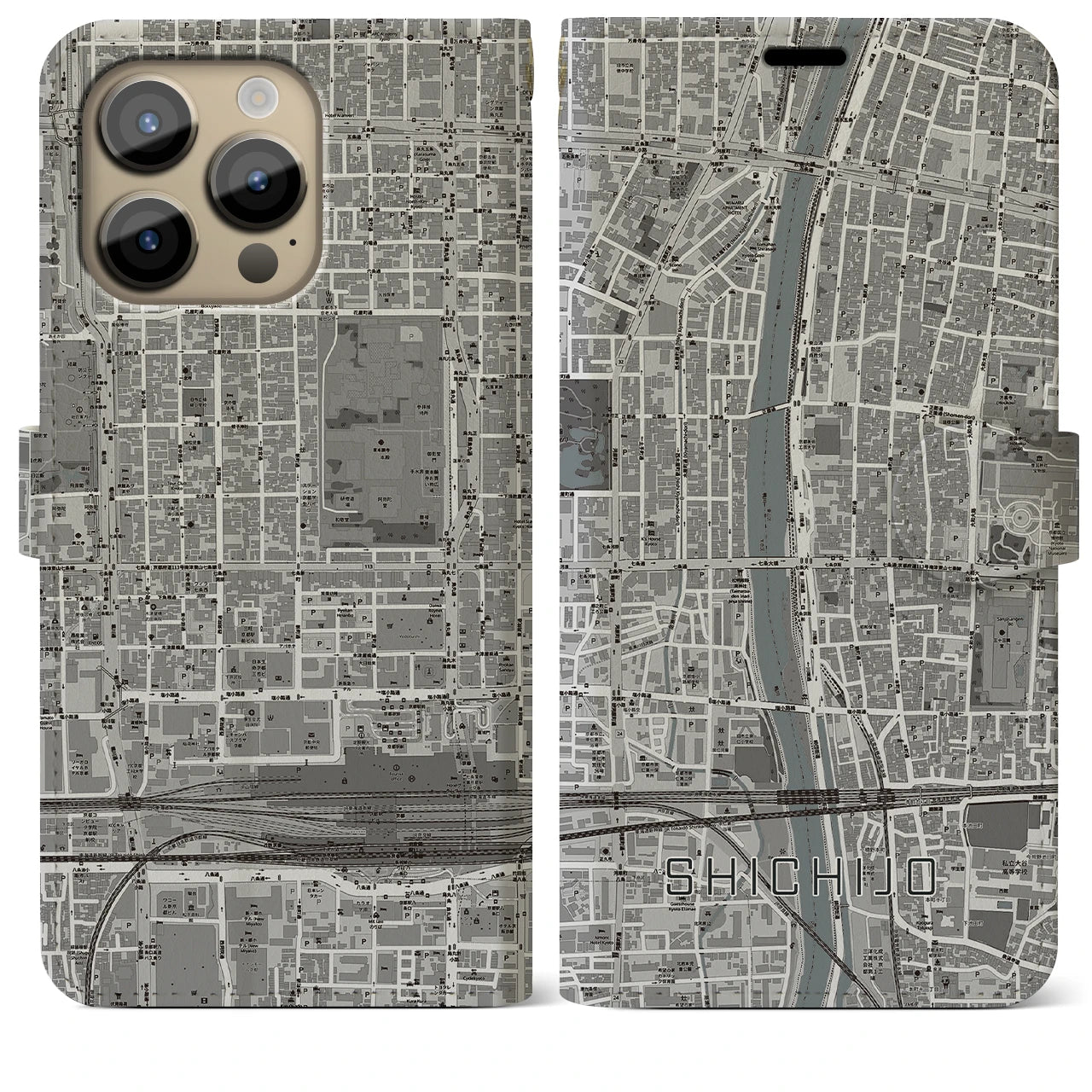 【七条(京都府)】地図柄iPhoneケース(手帳タイプ)モノトーン・iPhone 14 Pro Max 用