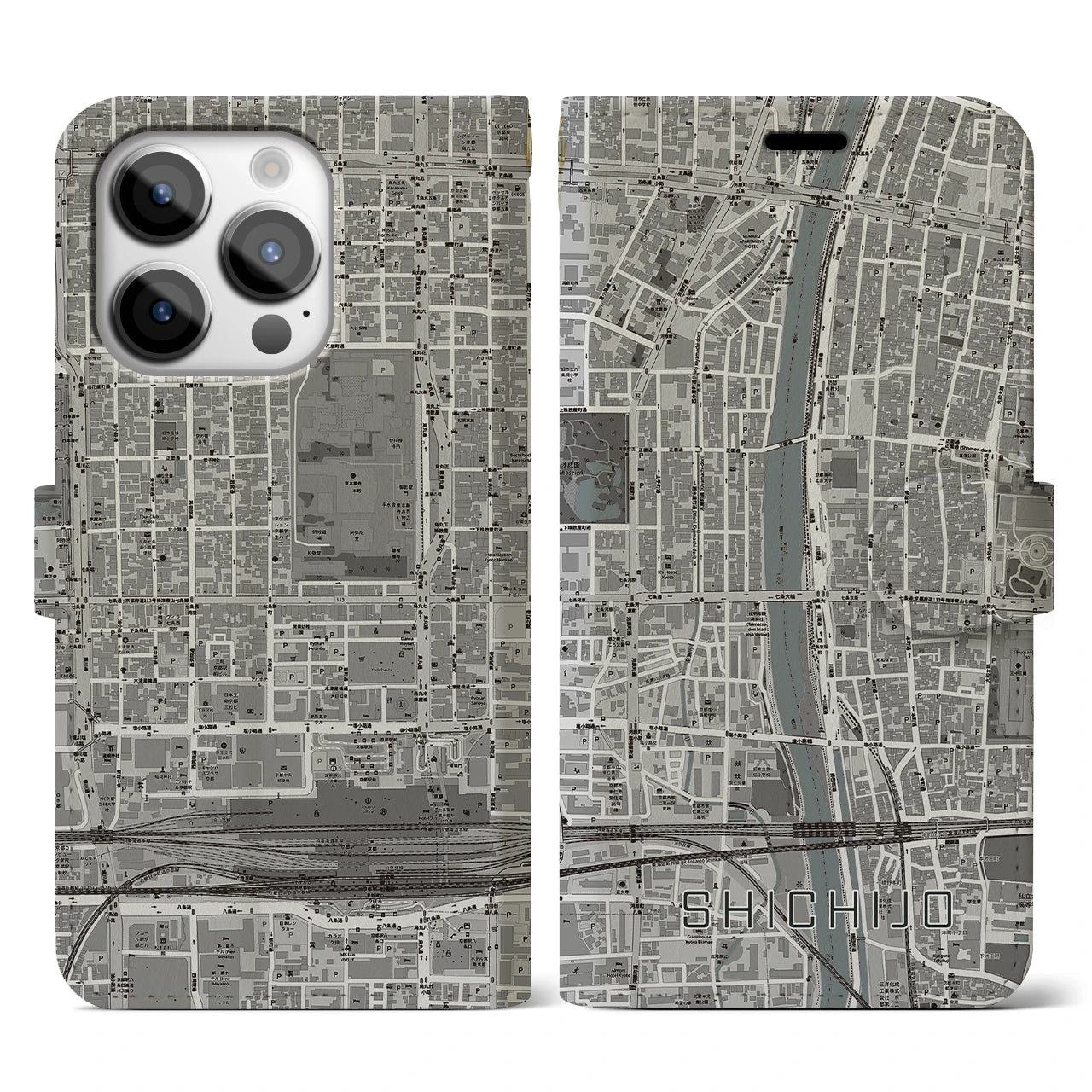 【七条(京都府)】地図柄iPhoneケース(手帳タイプ)モノトーン・iPhone 14 Pro 用