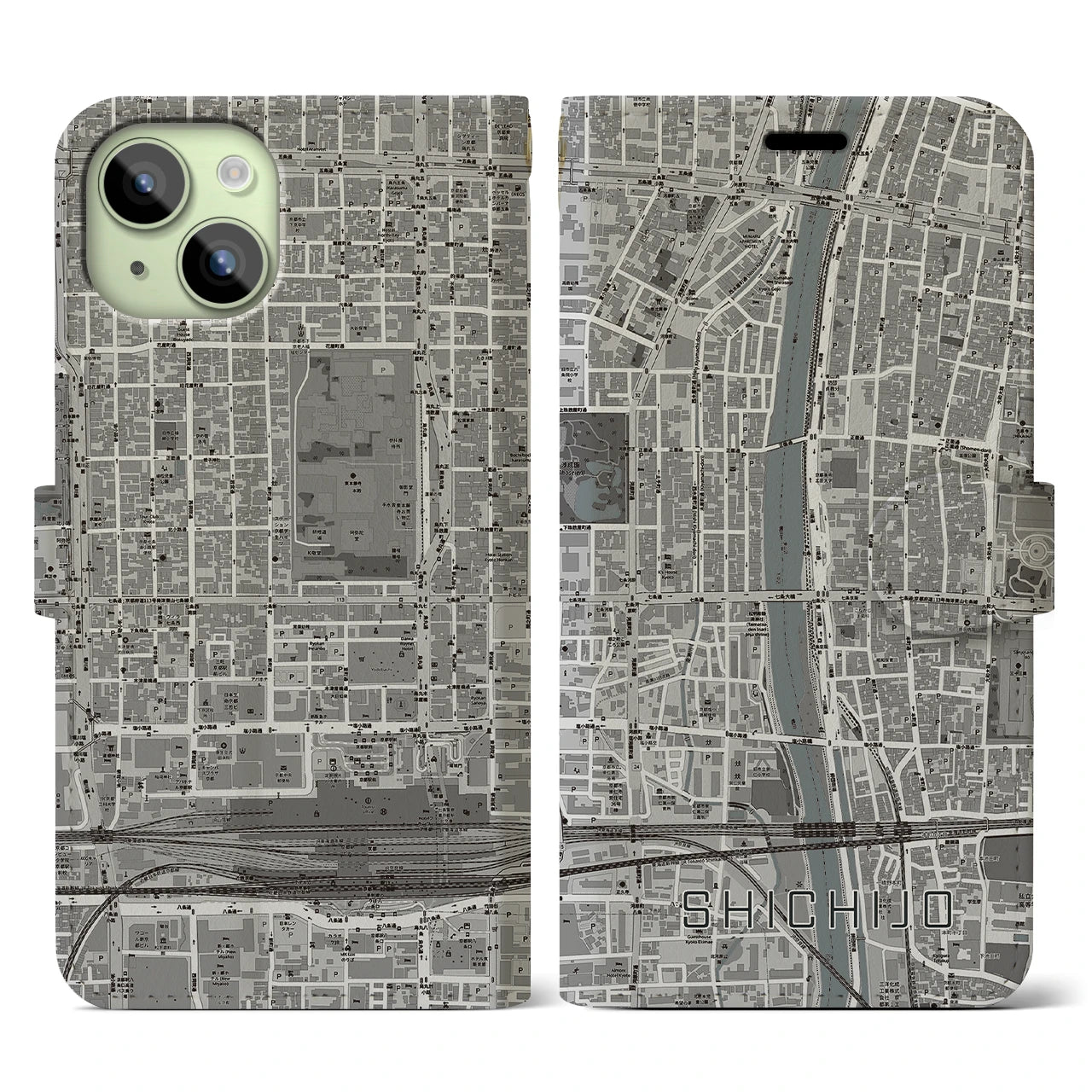【七条(京都府)】地図柄iPhoneケース(手帳タイプ)モノトーン・iPhone 15 用