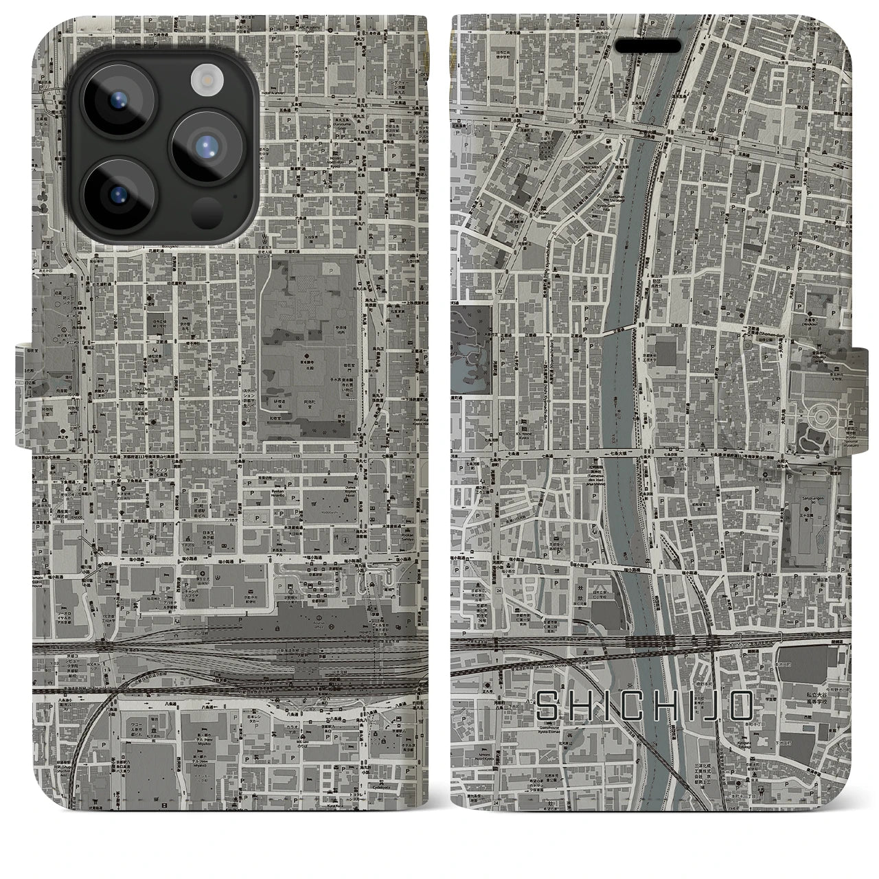 【七条(京都府)】地図柄iPhoneケース(手帳タイプ)モノトーン・iPhone 15 Pro Max 用
