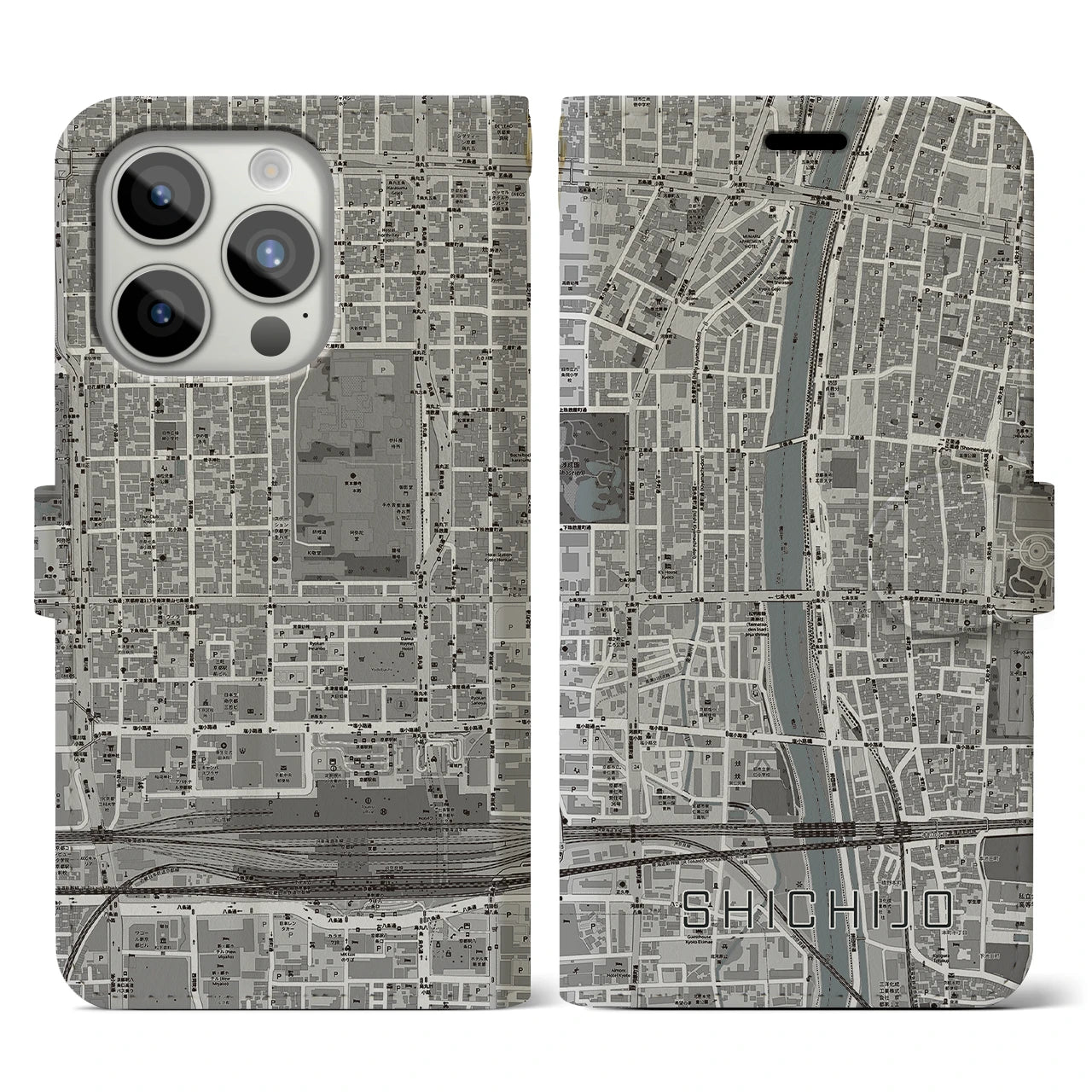 【七条(京都府)】地図柄iPhoneケース(手帳タイプ)モノトーン・iPhone 15 Pro 用