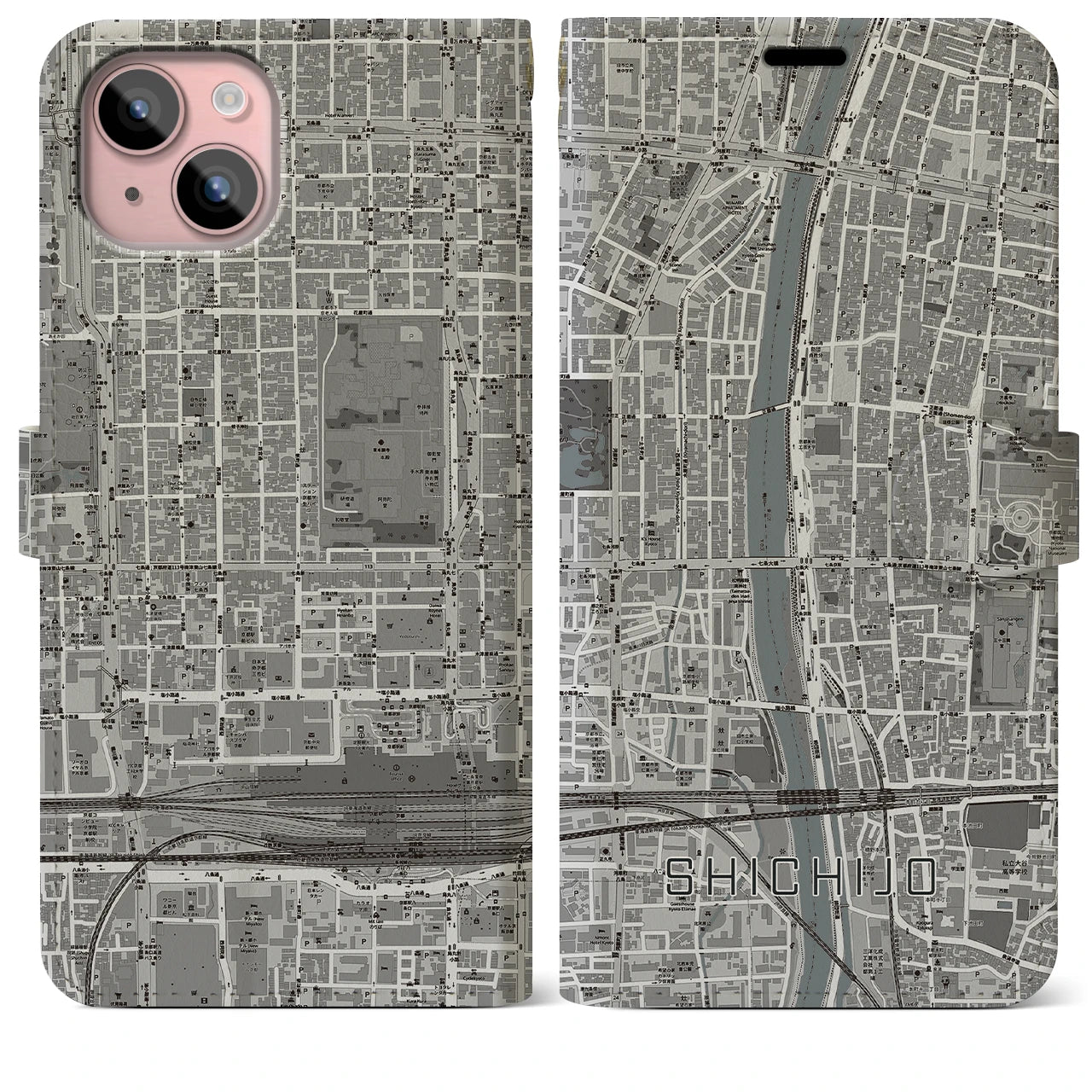 【七条(京都府)】地図柄iPhoneケース(手帳タイプ)モノトーン・iPhone 15 Plus 用