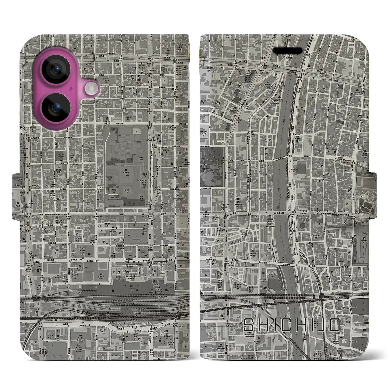 【七条(京都府)】地図柄iPhoneケース(手帳タイプ)モノトーン・iPhone 16 Pro 用