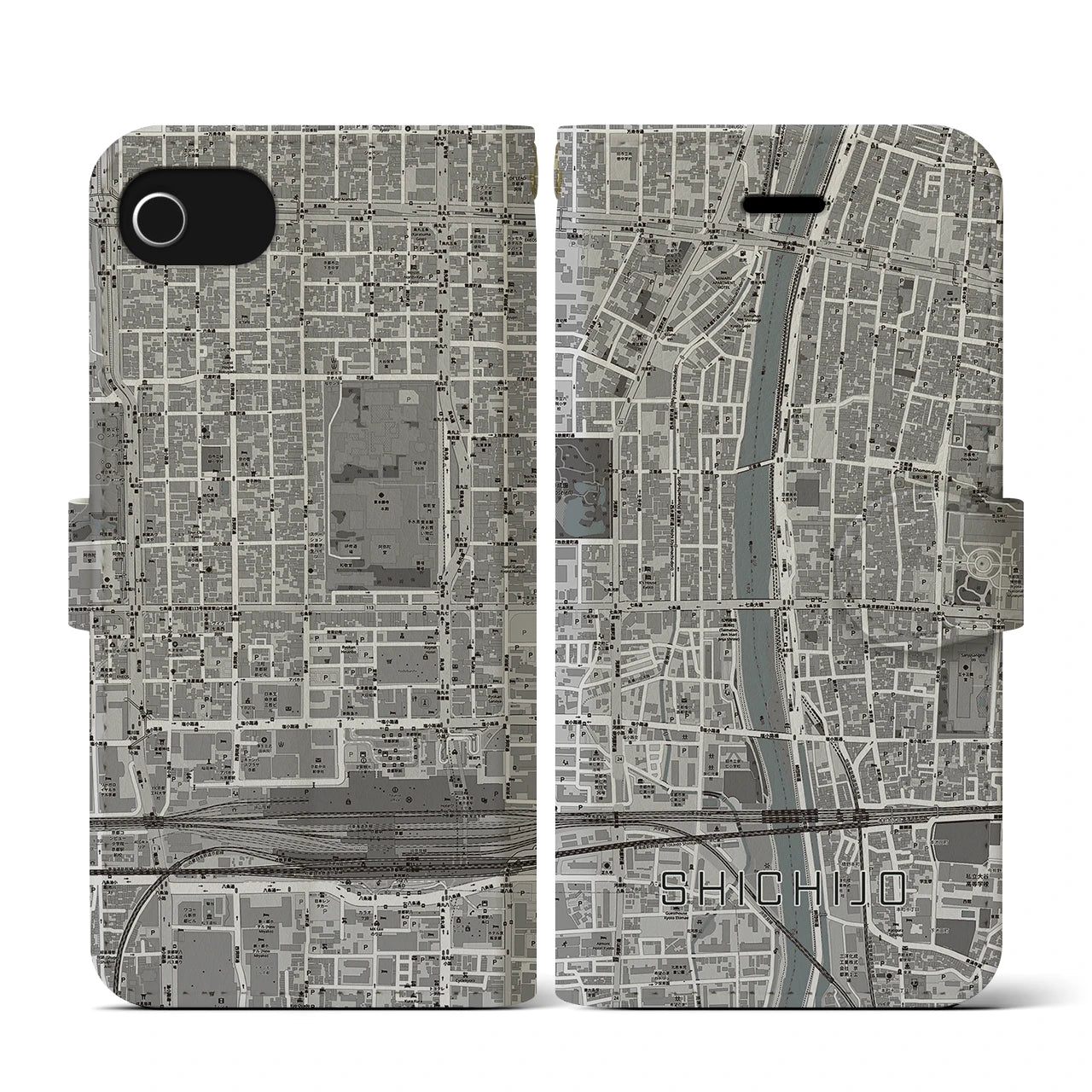 【七条(京都府)】地図柄iPhoneケース(手帳タイプ)モノトーン・iPhone SE(第3 / 第2世代) / 8 / 7 / 6s / 6 用