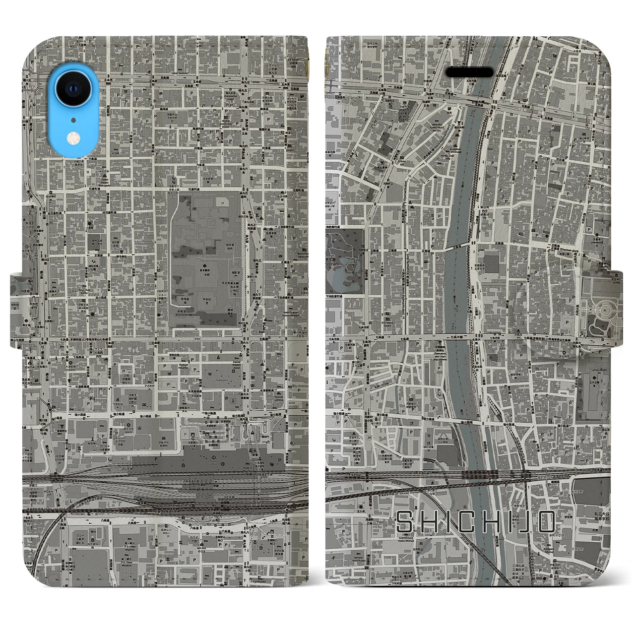 【七条(京都府)】地図柄iPhoneケース(手帳タイプ)モノトーン・iPhone XR 用
