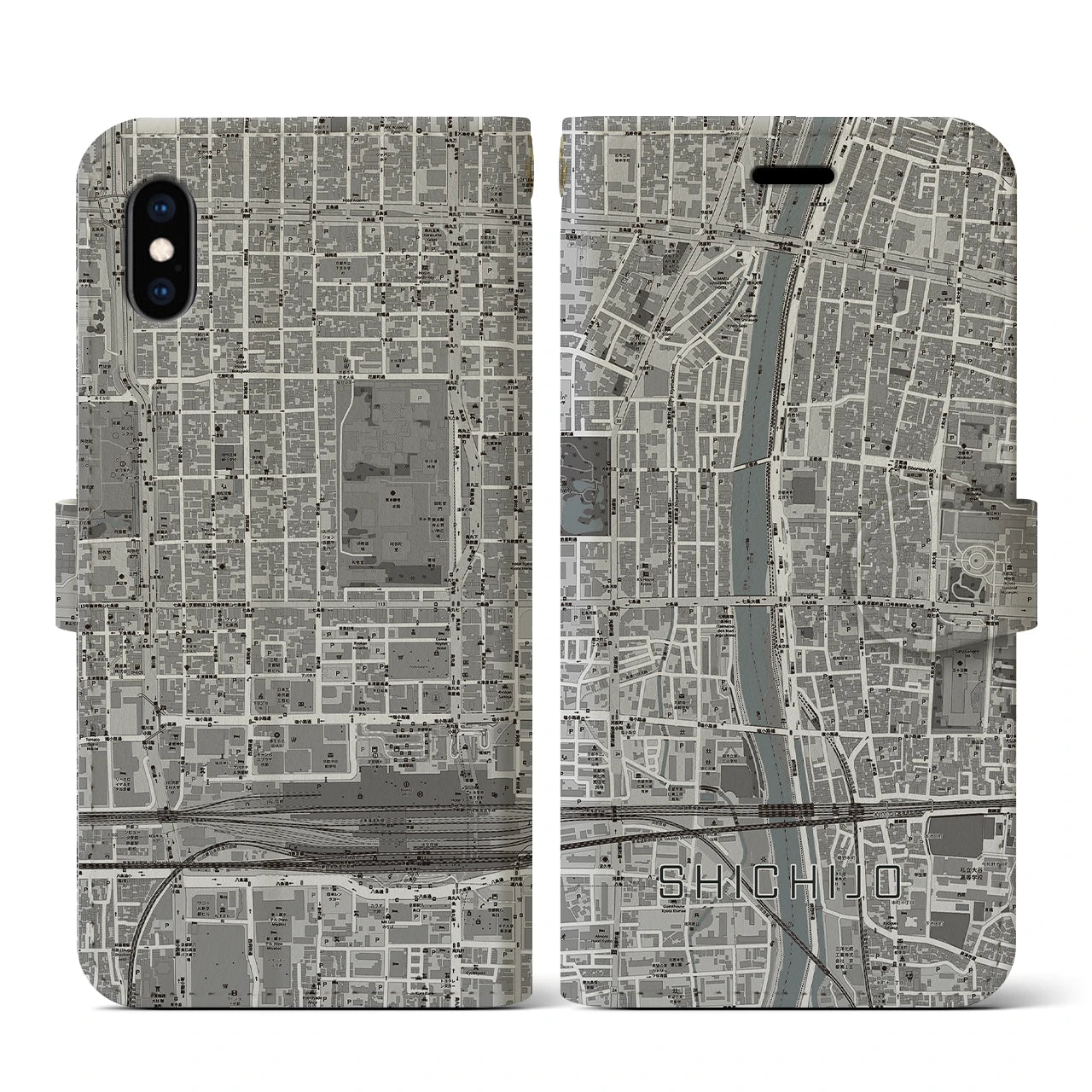 【七条(京都府)】地図柄iPhoneケース(手帳タイプ)モノトーン・iPhone XS / X 用