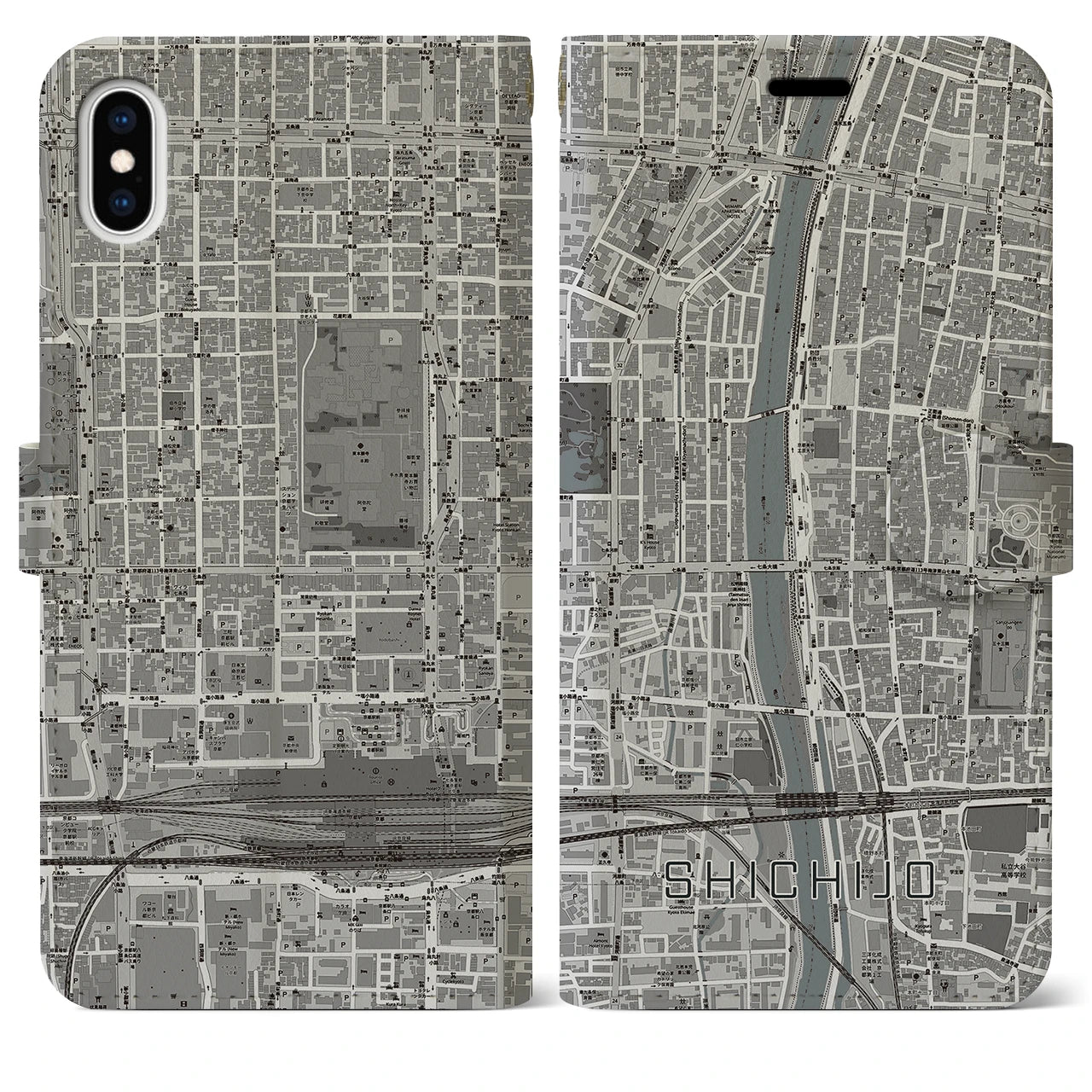 【七条(京都府)】地図柄iPhoneケース(手帳タイプ)モノトーン・iPhone XS Max 用